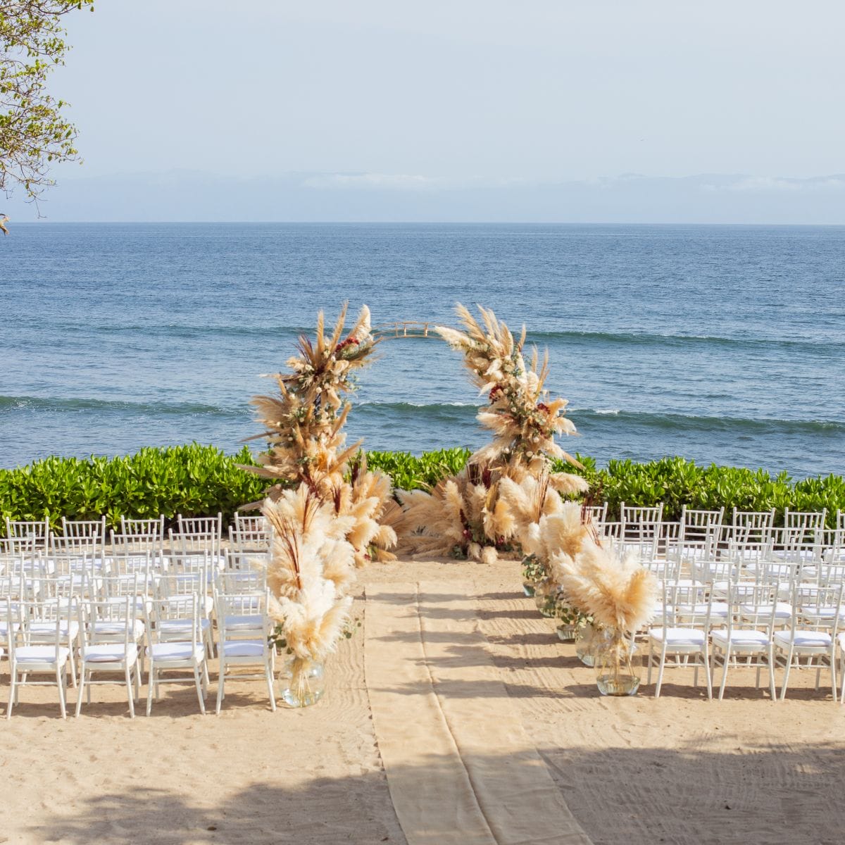 White chairs and a pampas grass arch arranged for a destination wedding ceremony on the oceanfront.