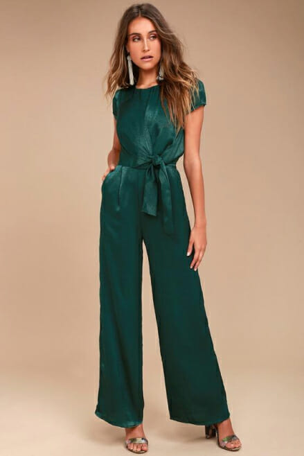 fall destination wedding dress guide Let Me Entertain You Forest Green Satin Wide-Leg Jumpsuit