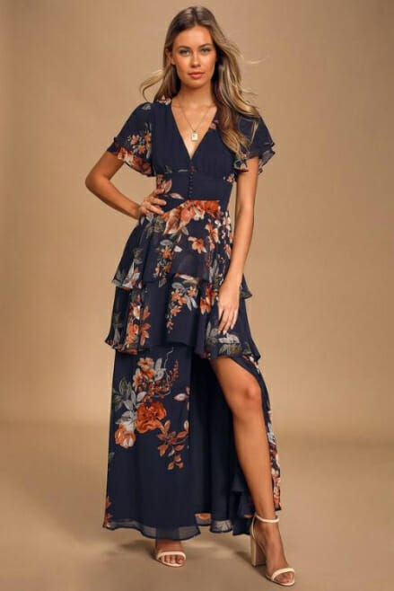fall destination wedding dress guide Midnight Mood Navy Blue Floral Print Tiered Maxi Dress