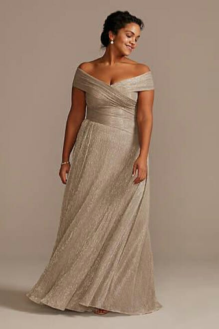 fall destination wedding dress guide Long A-Line Off the Shoulder Dress Oleg Cassini