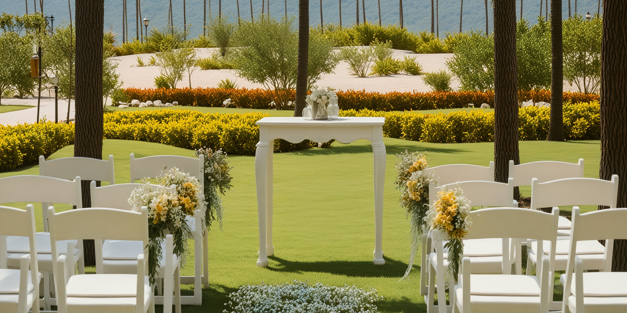 A picturesque destination wedding setup features elegant white chairs and a charming small table, all arranged beautifully on a lush grassy area.