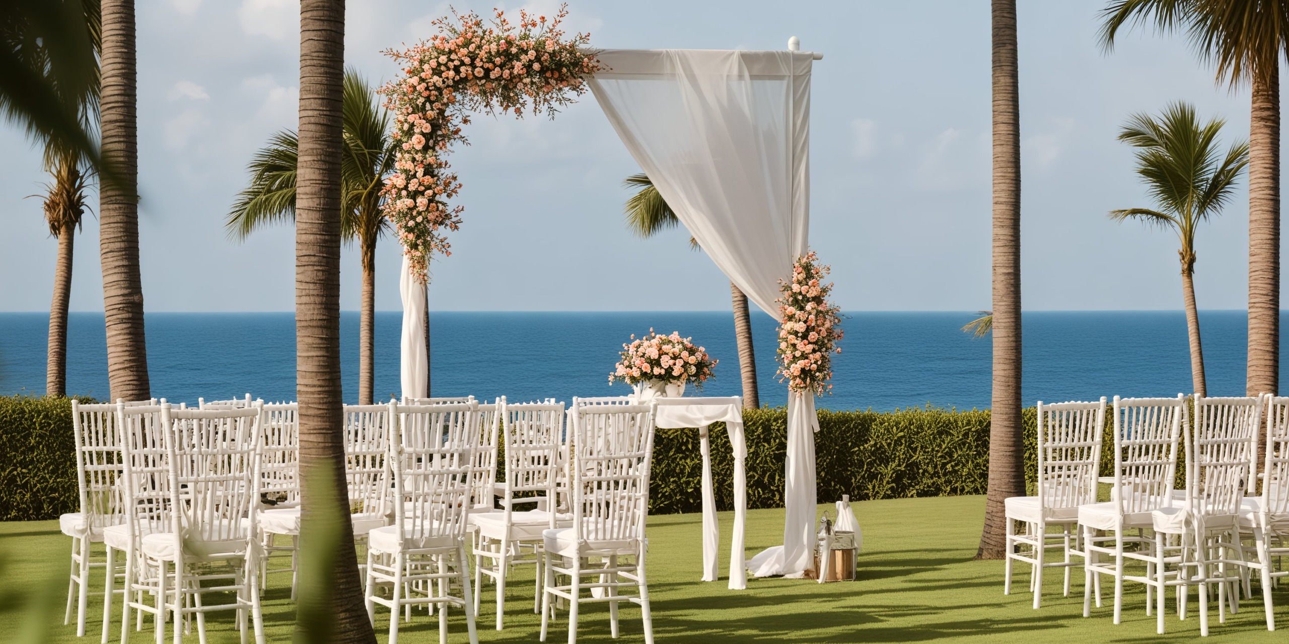 A beautiful destination wedding setup featuring an oceanfront view, complete with white chairs and a floral arch.