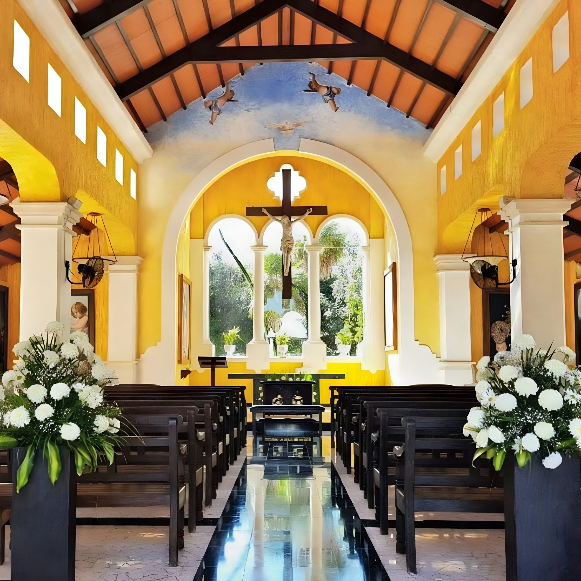 Christian destination wedding in the yellow wedding chapel at Grand Palladium White Sand