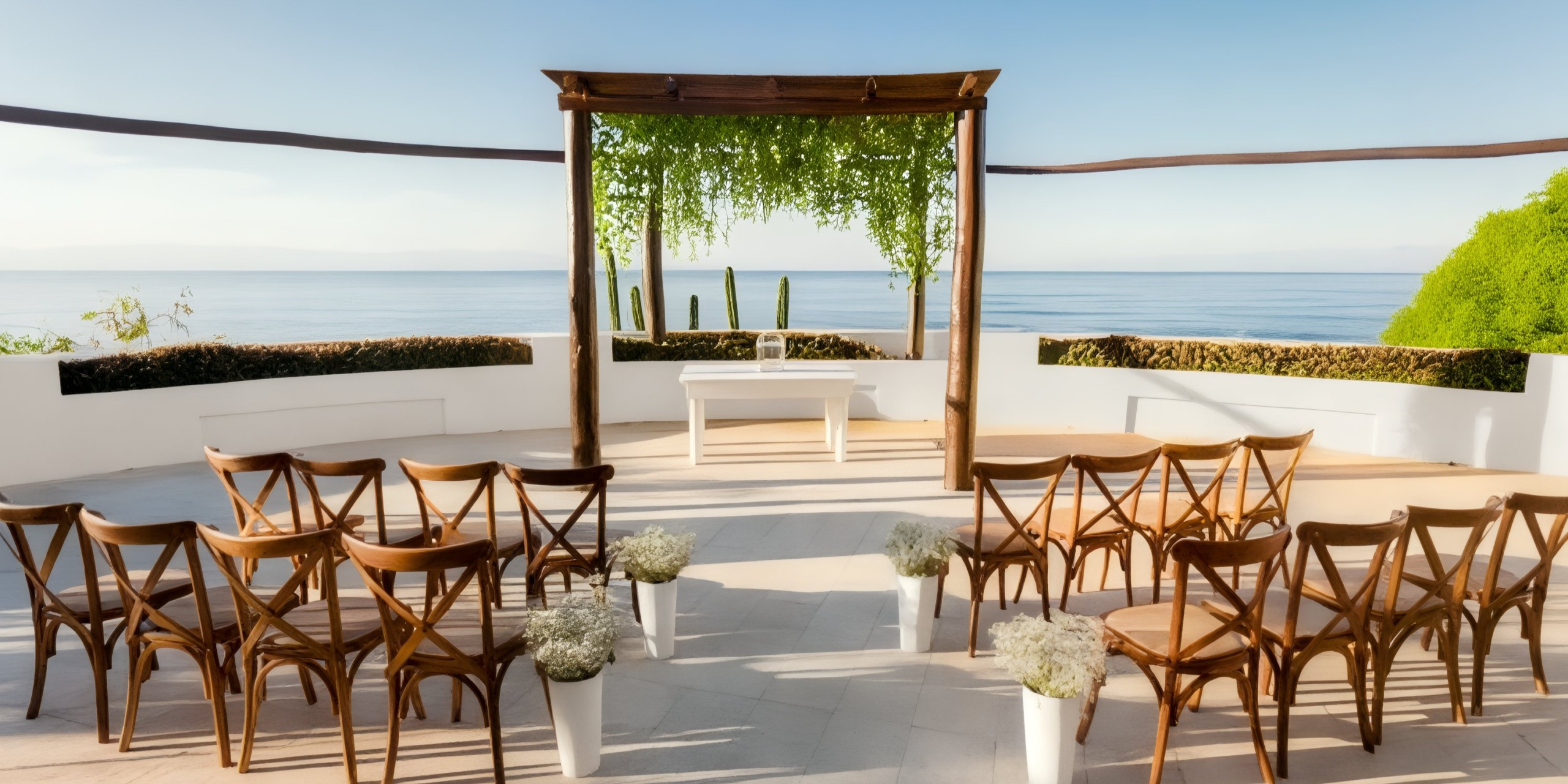 The Grand Palladium Vallarta offers an outdoor wedding ceremony setup overlooking the ocean, featuring wooden chairs and an arch adorned with greenery.