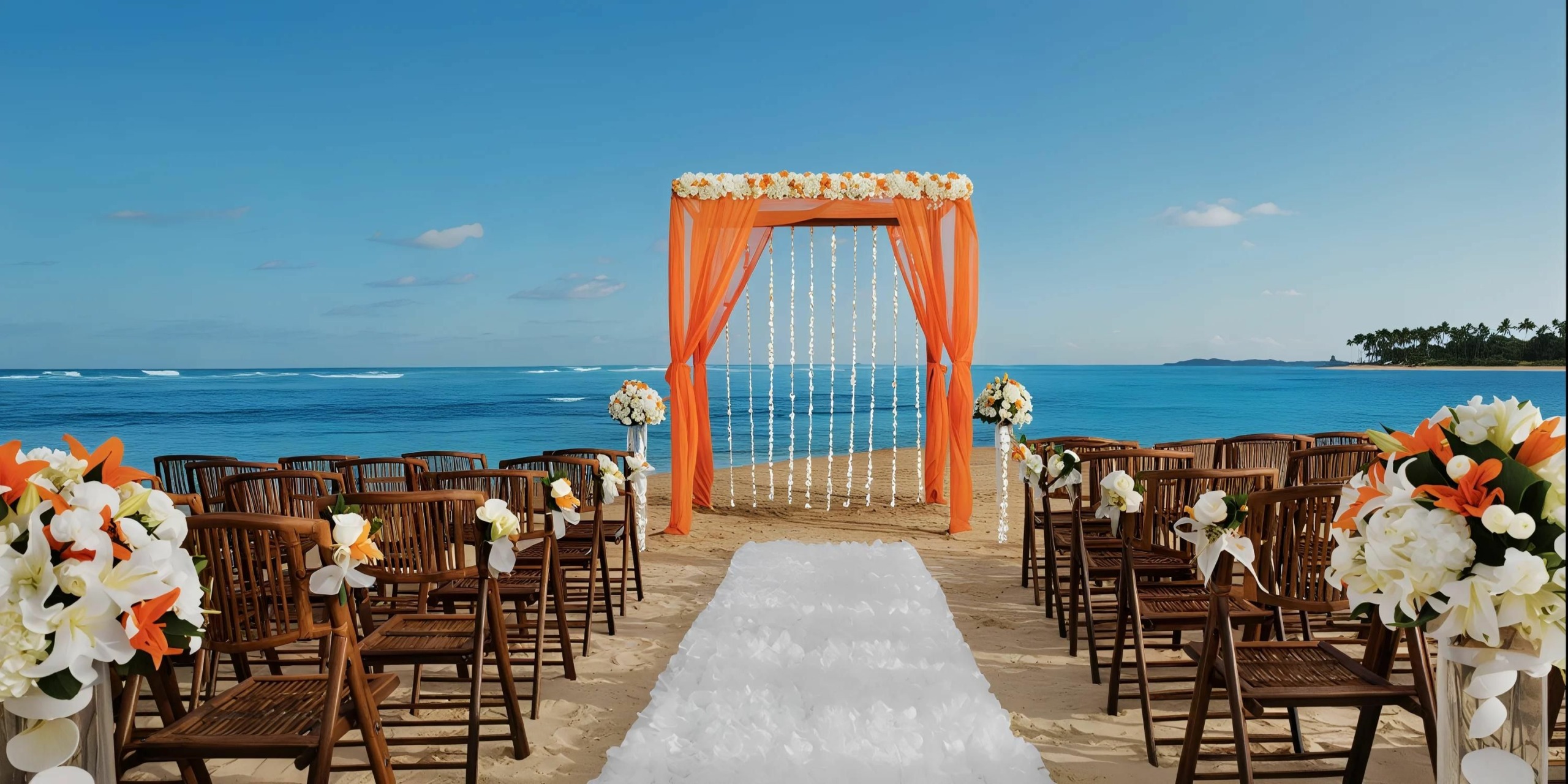 Beach wedding setup with wooden chairs aligned on either side of a white aisle, leading to a flower-adorned orange archway with a backdrop of the ocean. White and orange flowers decorate the scene.