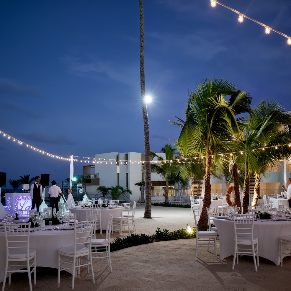 An enchanting destination wedding setup featuring round tables and twinkling string lights as dusk falls.