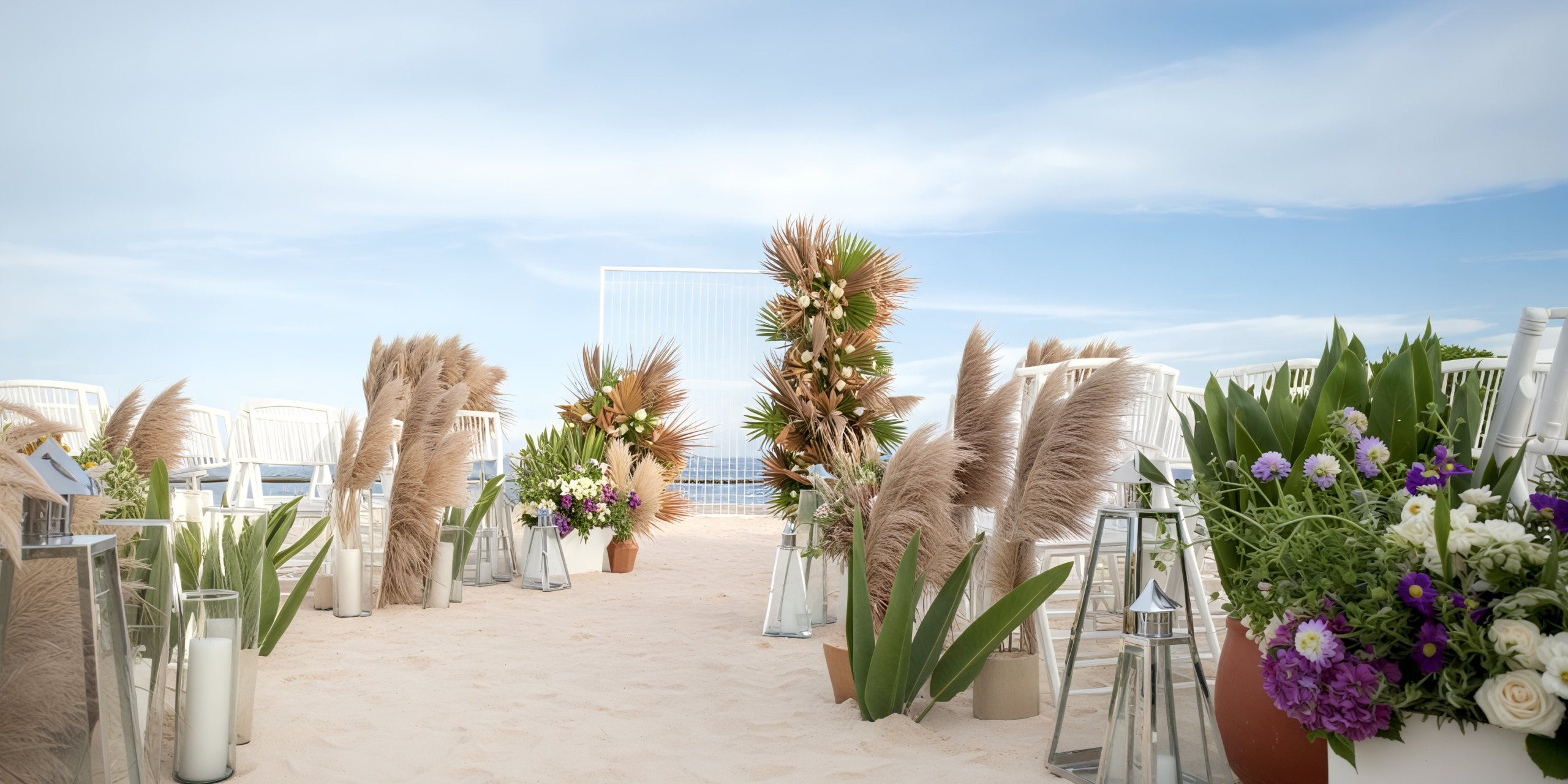 A destination wedding ceremony on the beach featuring a setup with chairs, pampas grass, and vibrant flower arrangements.