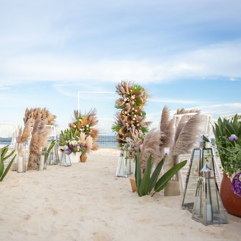 A destination wedding setup by the ocean featuring elegant chairs, pampas grass, and stunning floral arrangements.