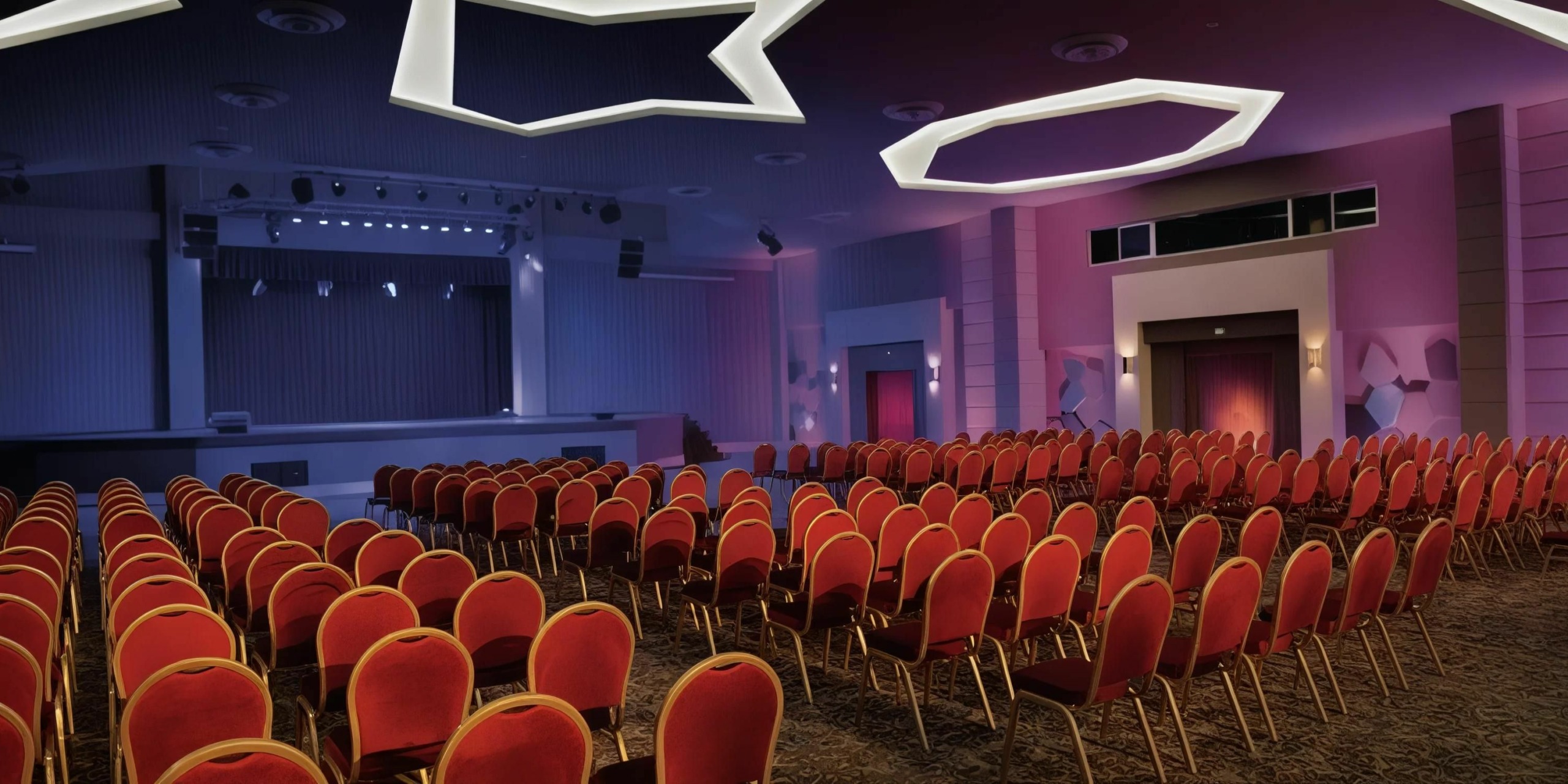 A large conference room with rows of red chairs facing a stage. The ceiling features modern, angular lighting fixtures. The room is empty and well-lit.