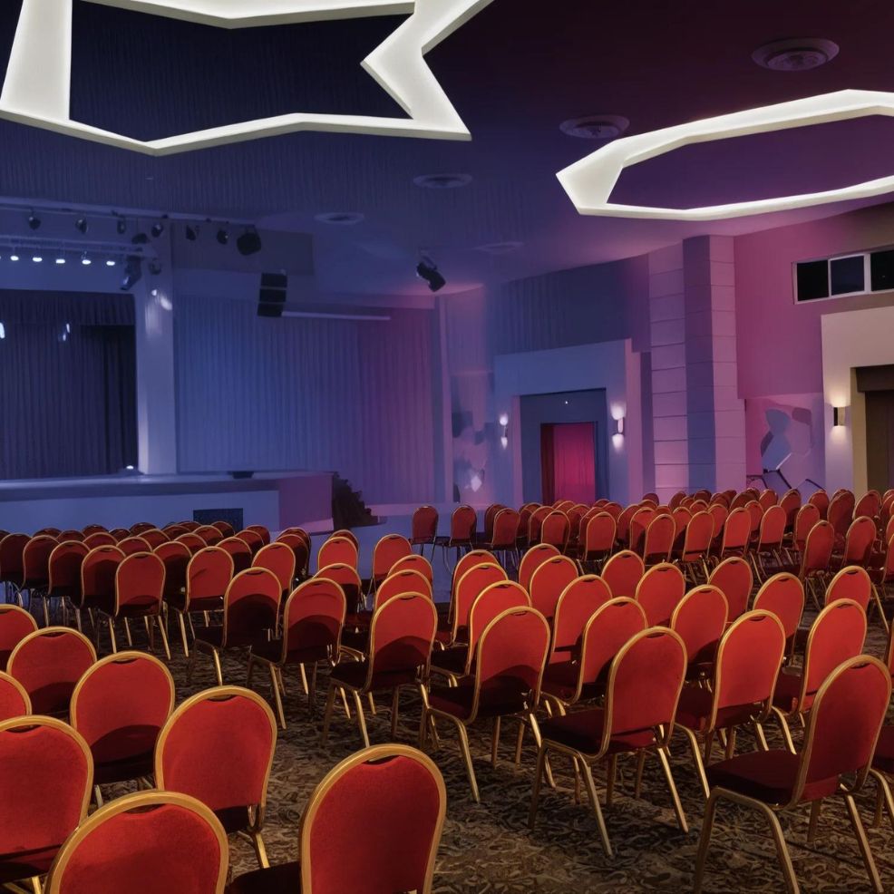 A conference room with rows of empty red chairs facing a stage. The ceiling features modern, geometric lighting. The room has a mix of pastel and dark colors on the walls.