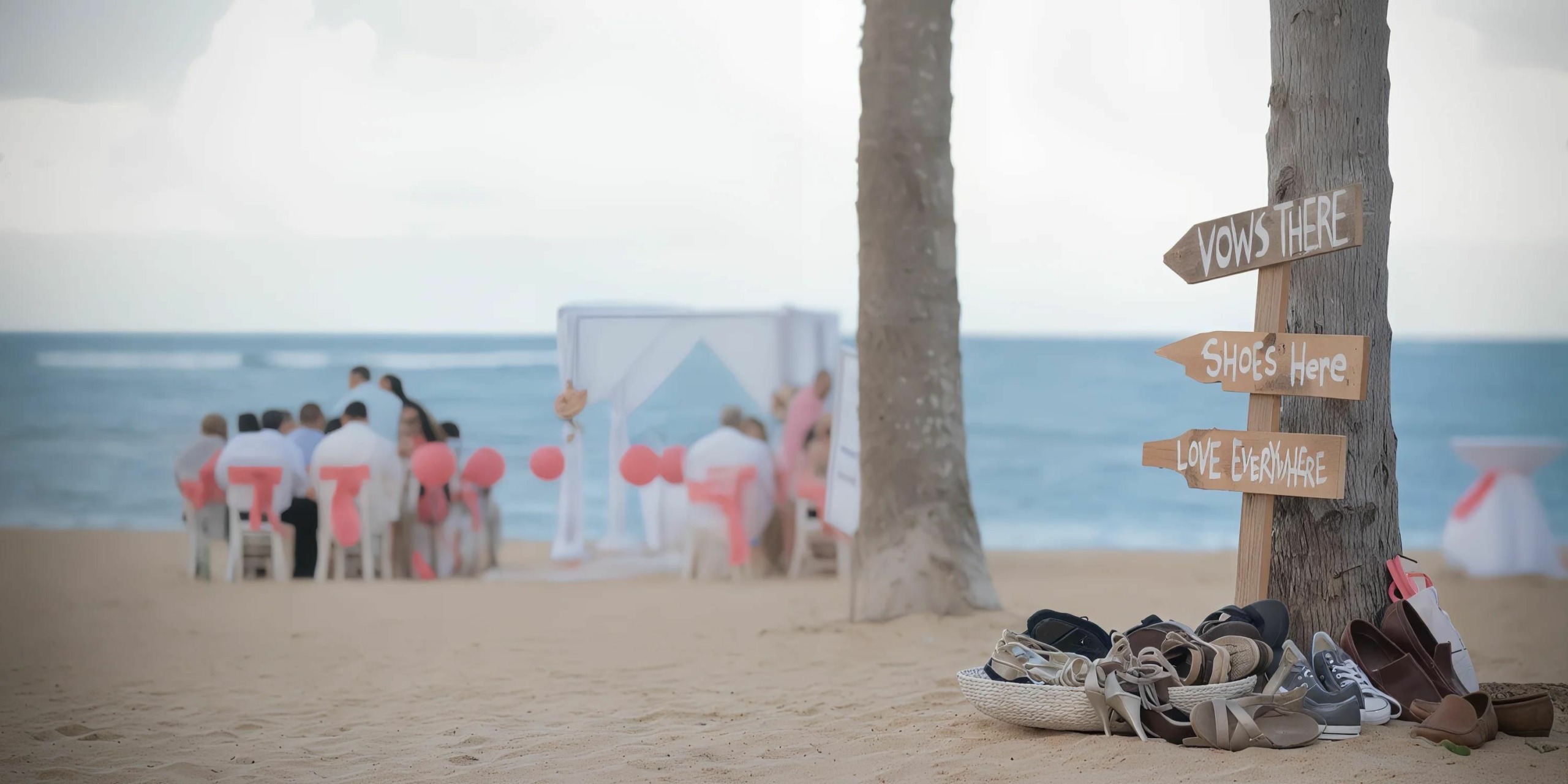 Beach wedding setup with chairs and guests in the background at Breathless Punta Cana Resort and Spa, featuring a wooden sign pointing to "Vows Here," "Shoes Here," and "Love Everywhere." Shoes are placed on the sand next to the sign.