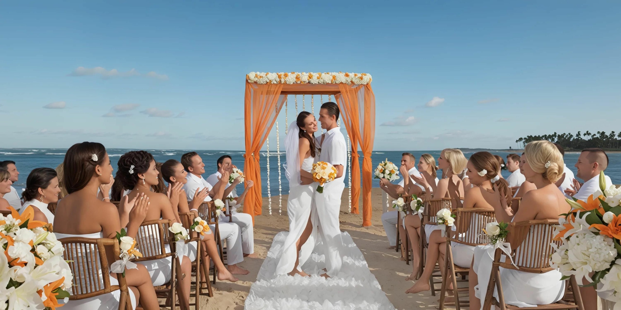 A couple stands at the altar at Breathless Punta Cana Resort and Spa, surrounded by guests in white attire. The bride holds a bouquet as they stand under an orange-draped arch with an ocean backdrop.