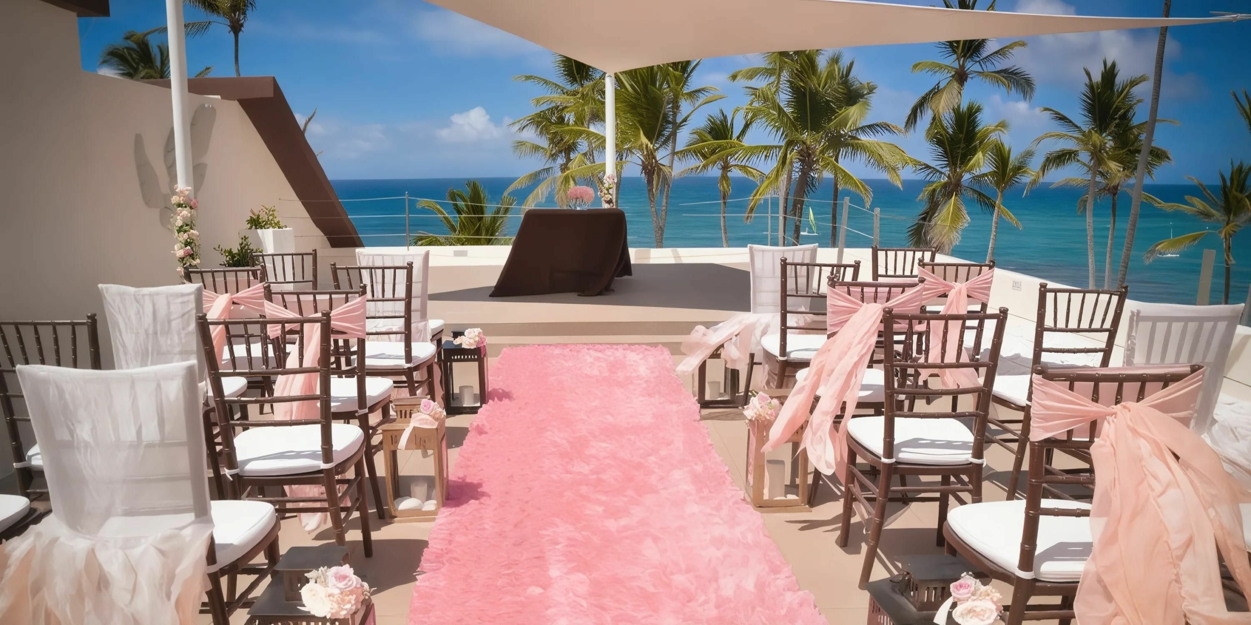 Outdoor wedding ceremony setup with a pink carpet aisle, white and brown chairs adorned with pink fabric, overlooking the ocean and palm trees under a shade canopy.