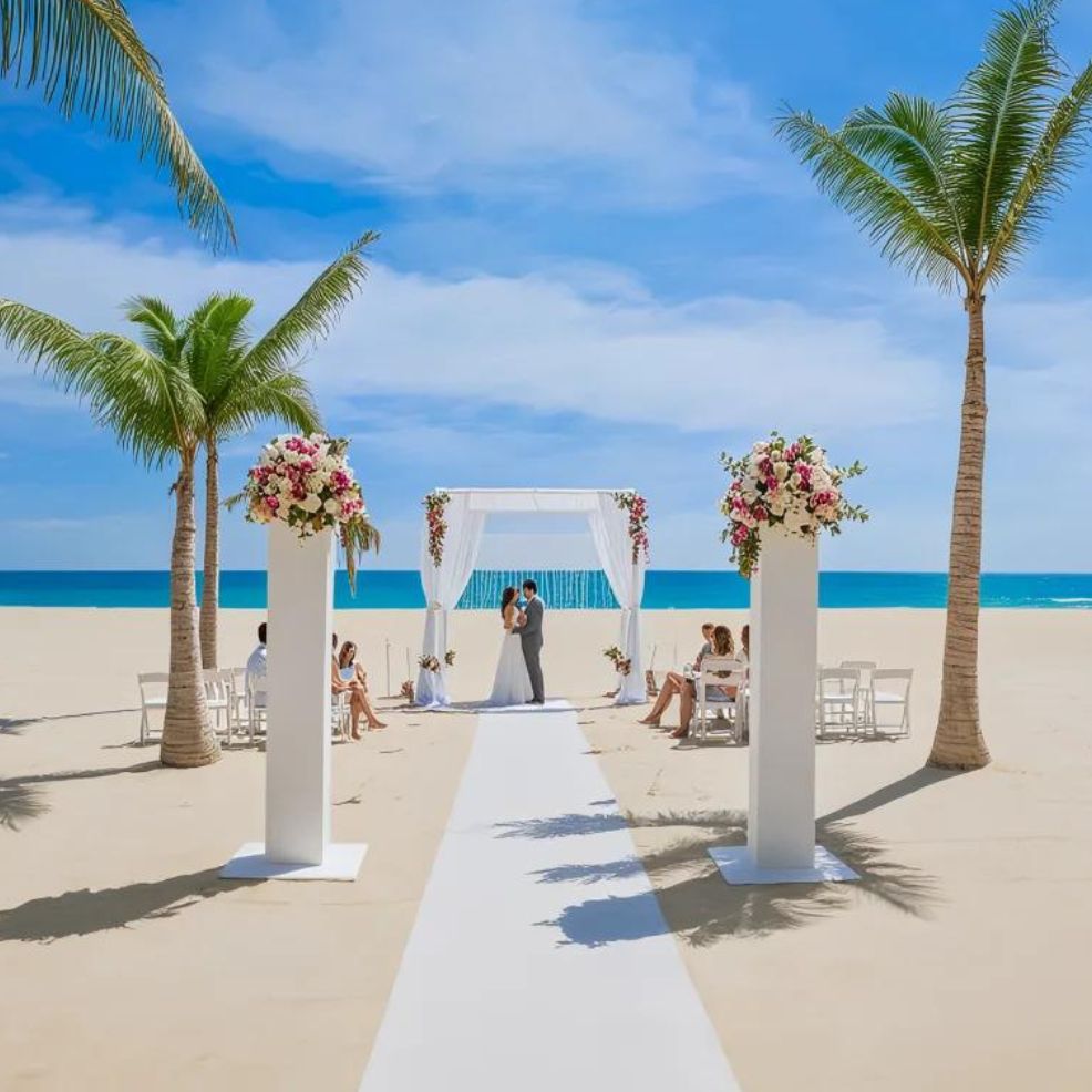 A beach wedding ceremony with a couple standing under a white canopy, flanked by two flower arrangements and palm trees. Guests are seated on both sides facing the couple and the ocean.