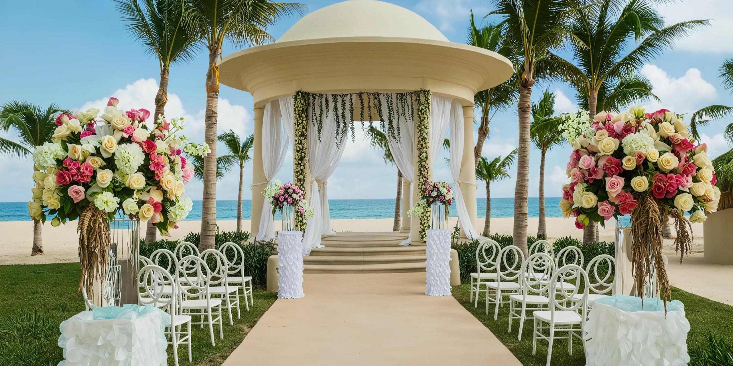 At the Hyatt Ziva Los Cabos, an outdoor wedding venue features a white gazebo adorned with flowers and drapes, encircled by lush palm trees. Rows of white chairs line either side of an aisle that leads to the gazebo, all set against a stunning ocean backdrop.