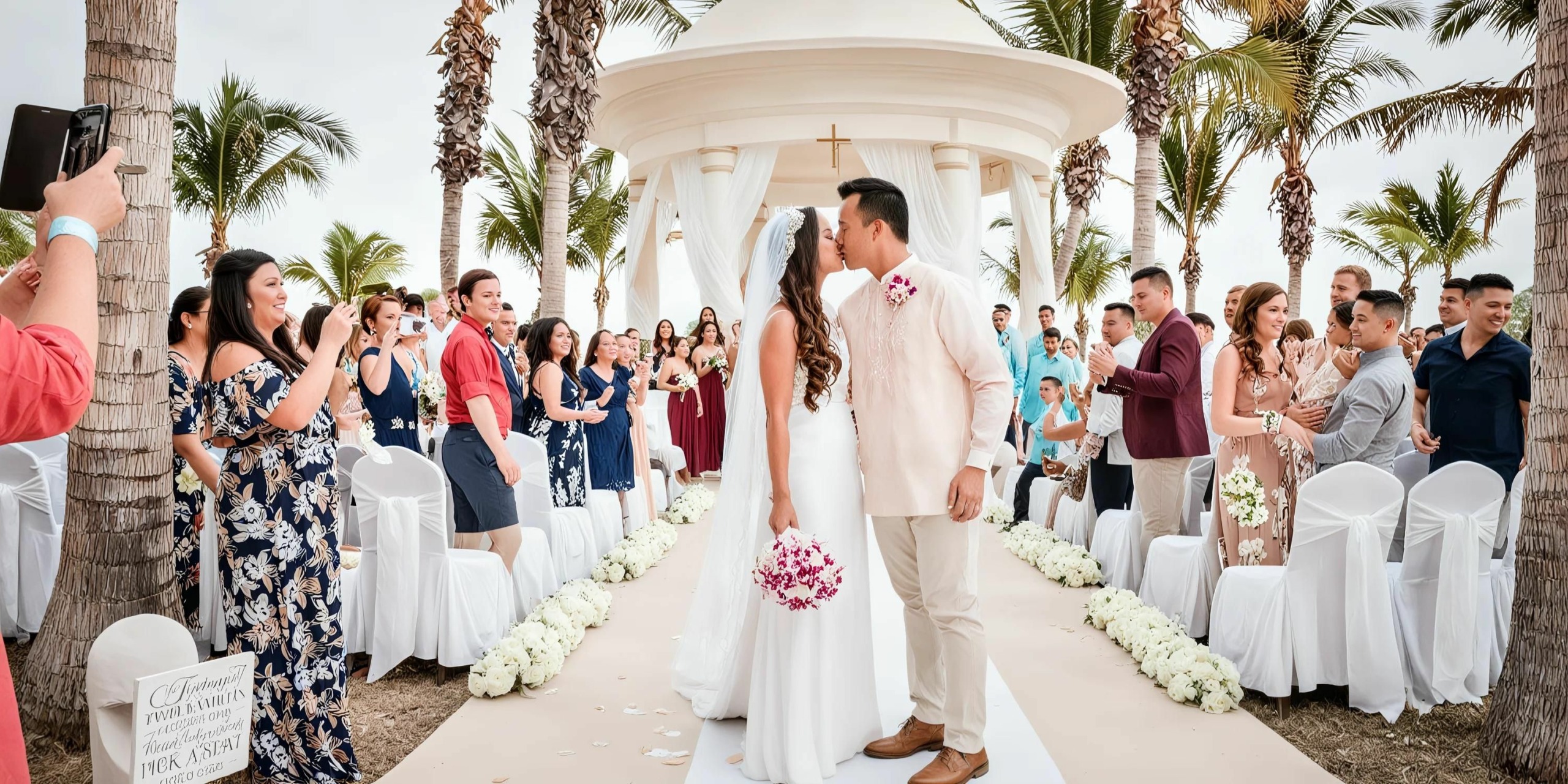 At the Hyatt Ziva Los Cabos, a bride and groom share a kiss at the end of an outdoor wedding aisle, surrounded by seated and standing guests. Palm trees and a white gazebo create a picturesque backdrop.