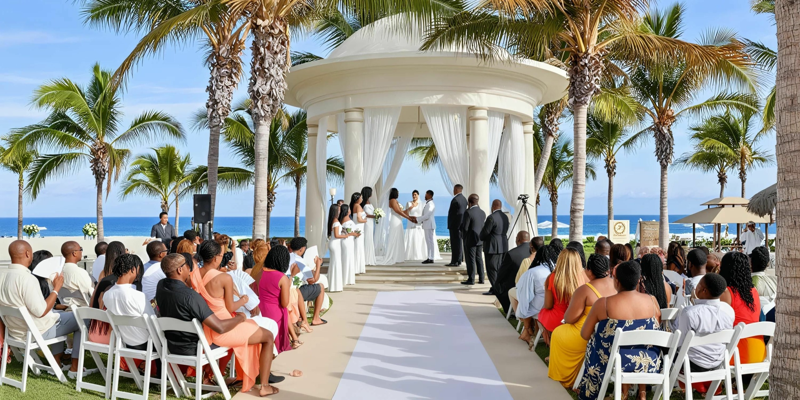 At Hyatt Ziva Los Cabos, the wedding ceremony takes place under a beautiful gazebo by the beach, where the bride and groom exchange heartfelt vows. Guests are seated on both sides, with picturesque palm trees and the stunning ocean providing a breathtaking backdrop.