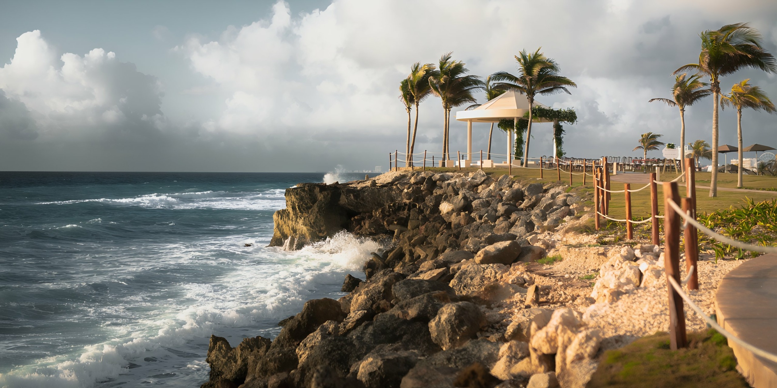 Hyatt Ziva Cancun landscape with waves crashing against rocky shore beneath palm trees.