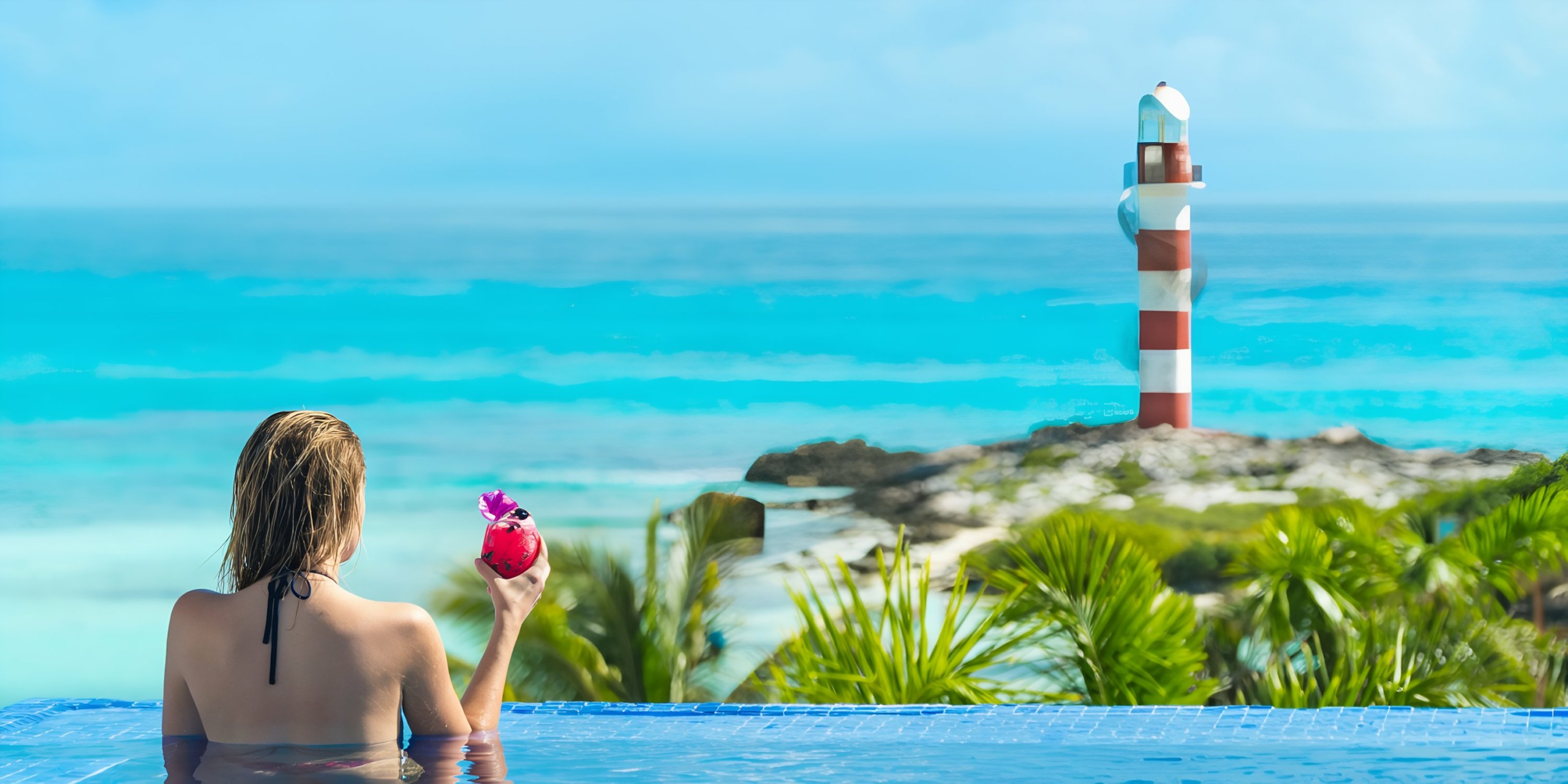 A person relaxing in the Hyatt Ziva Cancun overlooking the sea, with a lighthouse in the background and holding a tropical drink.