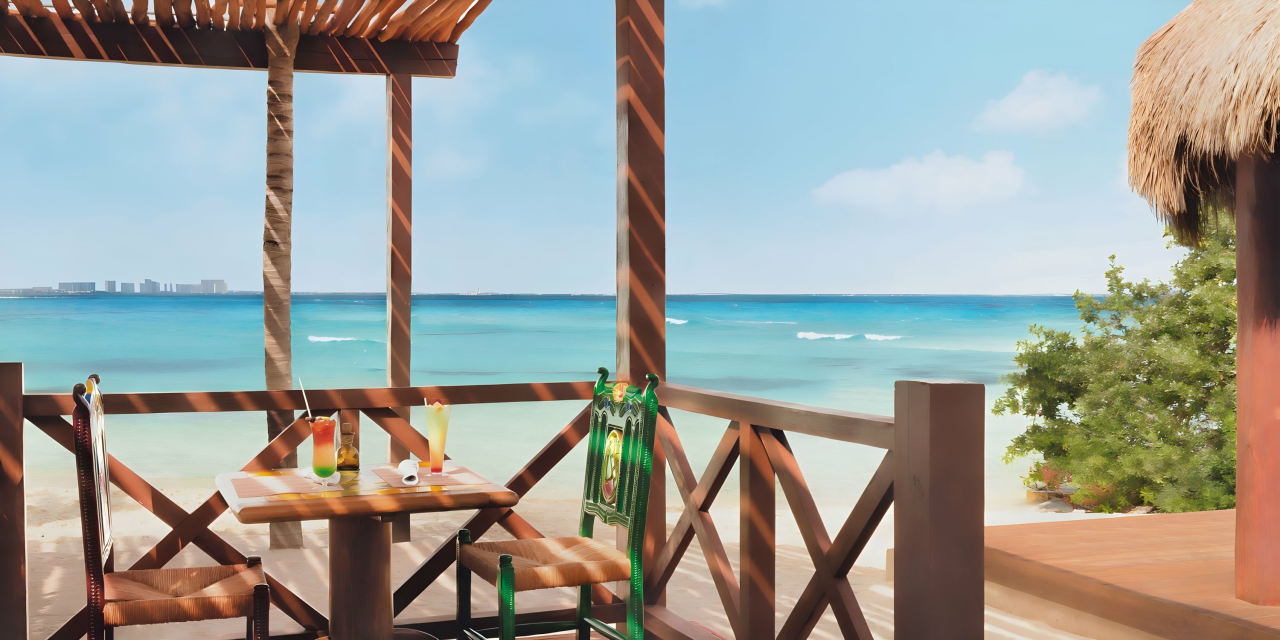 Hyatt Ziva Cancun view from a tropical beach hut with drinks on the table.