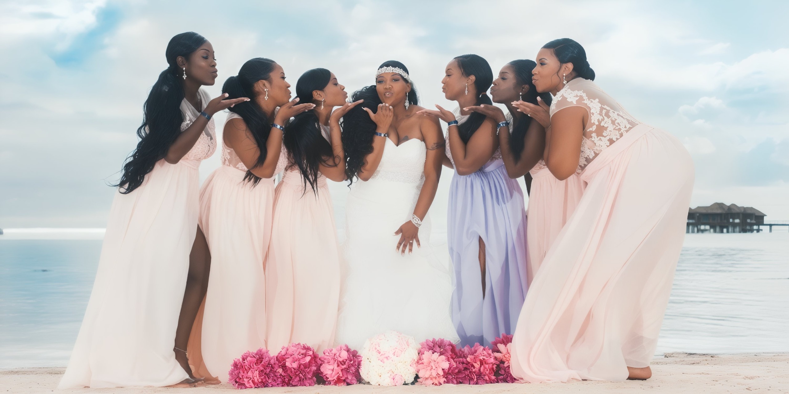 A bride, flanked by six bridesmaids in pastel dresses on the beach at Hotel Riu Montego Bay, all blowing kisses with pink flowers strewn in front of them.