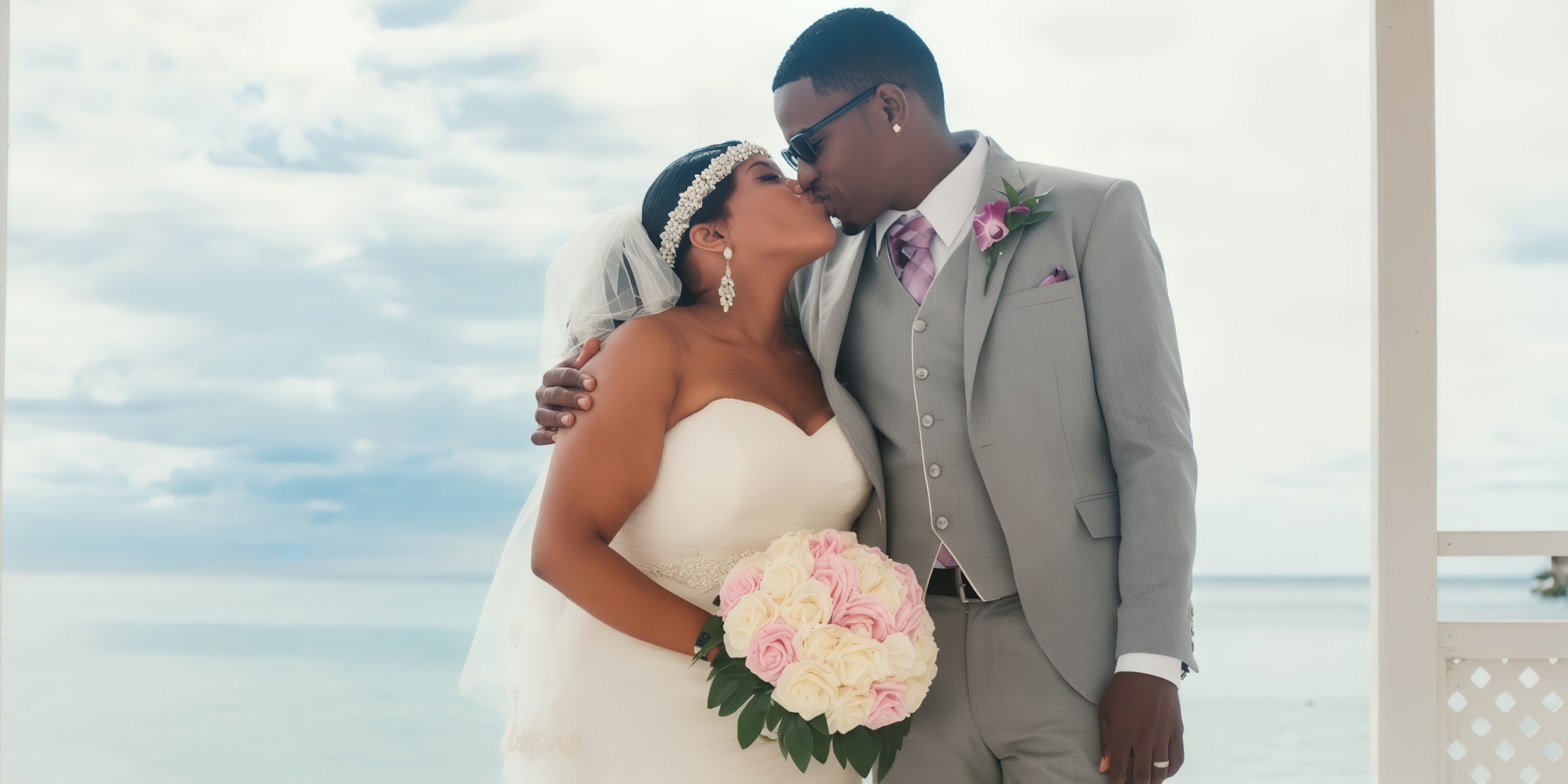 A bride and groom share a kiss by the ocean at Hotel Riu Montego Bay. The bride holds a bouquet of pink and white roses, and both are dressed in wedding attire.