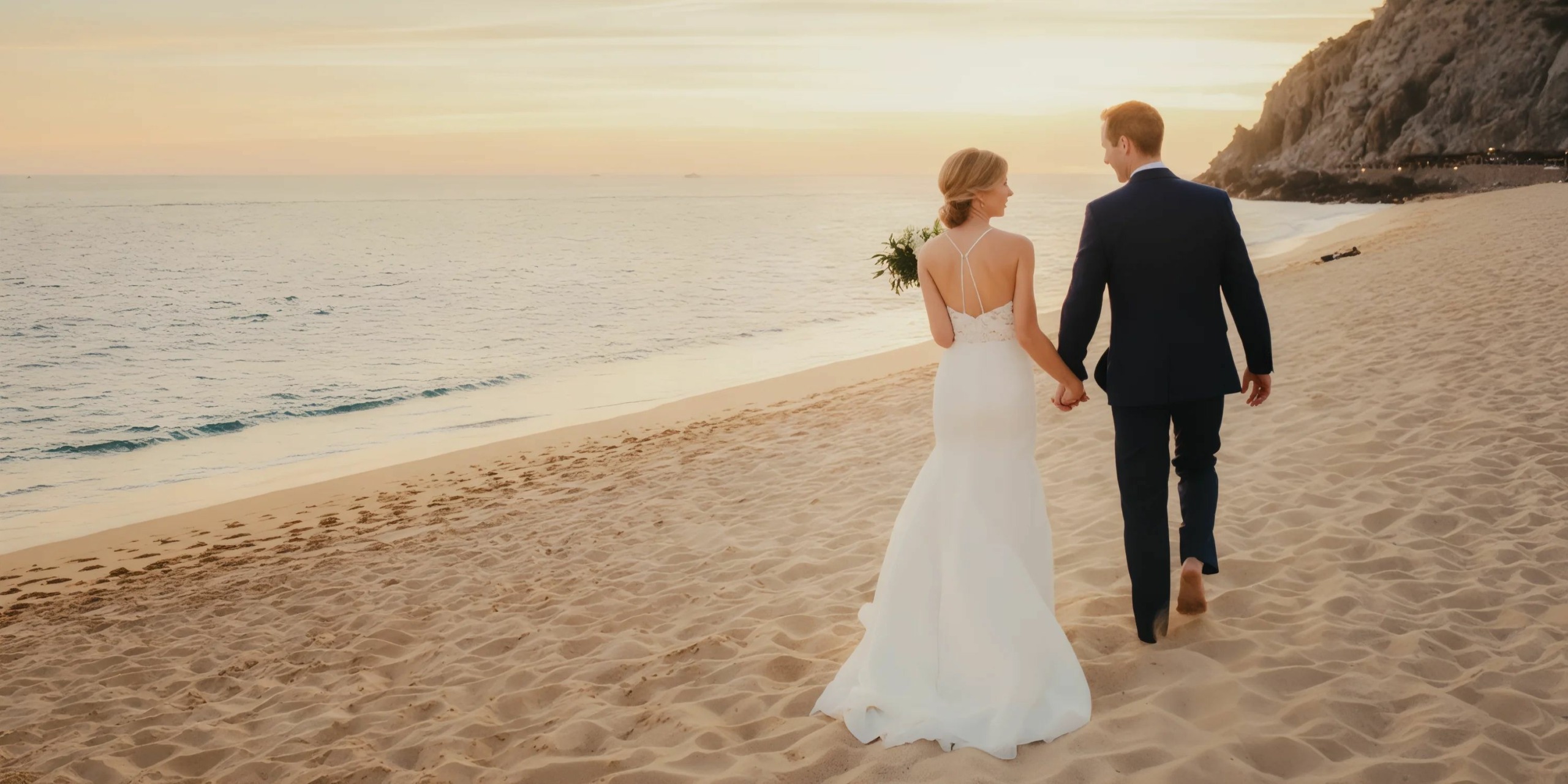 A couple in wedding attire strolls hand in hand along the sandy beach at sunset at Sandos Finisterra Los Cabos.