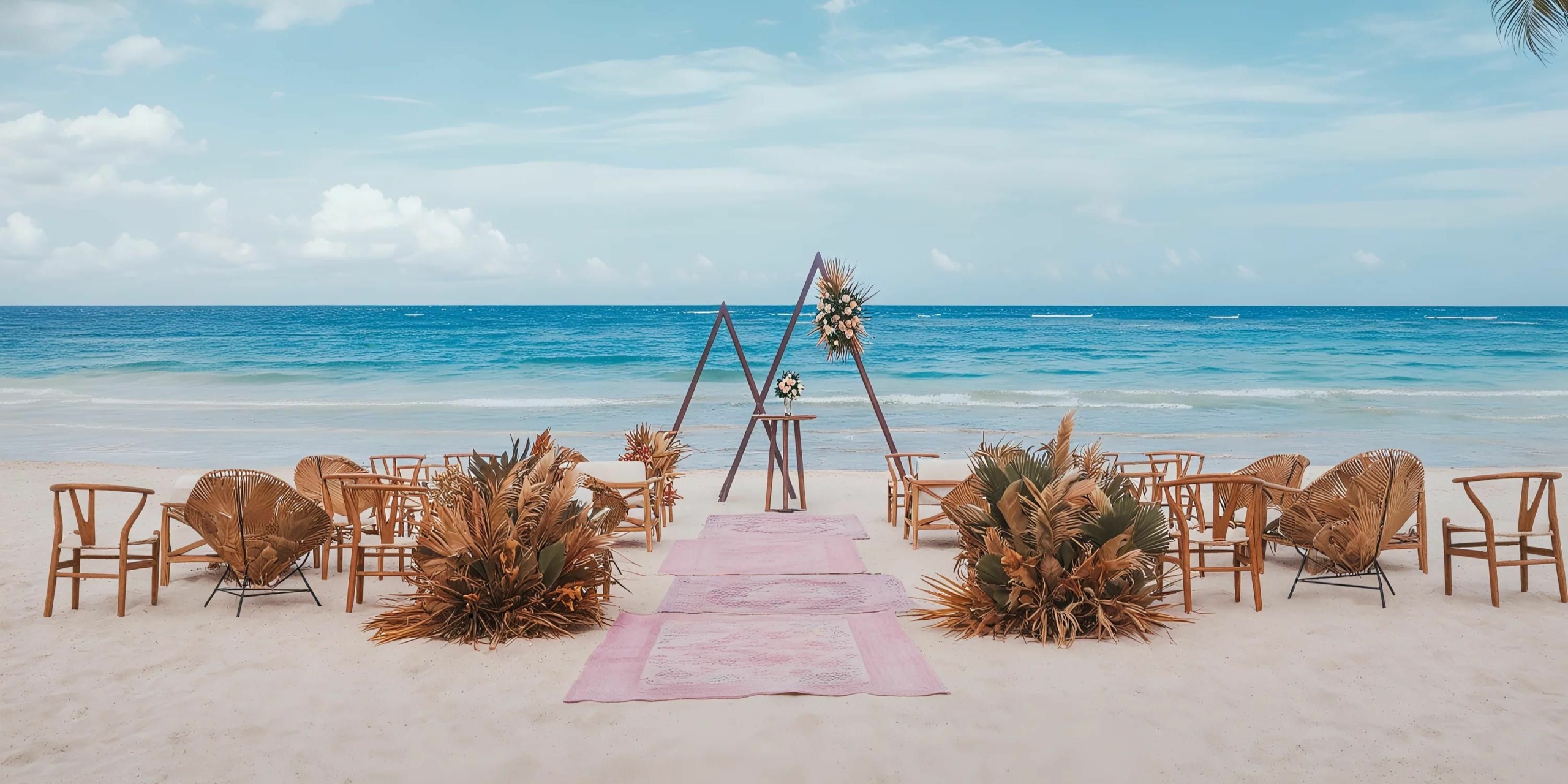 An outdoor beach wedding setup with an altar, wooden chairs, palm decorations, and pink carpets placed on the sand, overlooking the ocean.