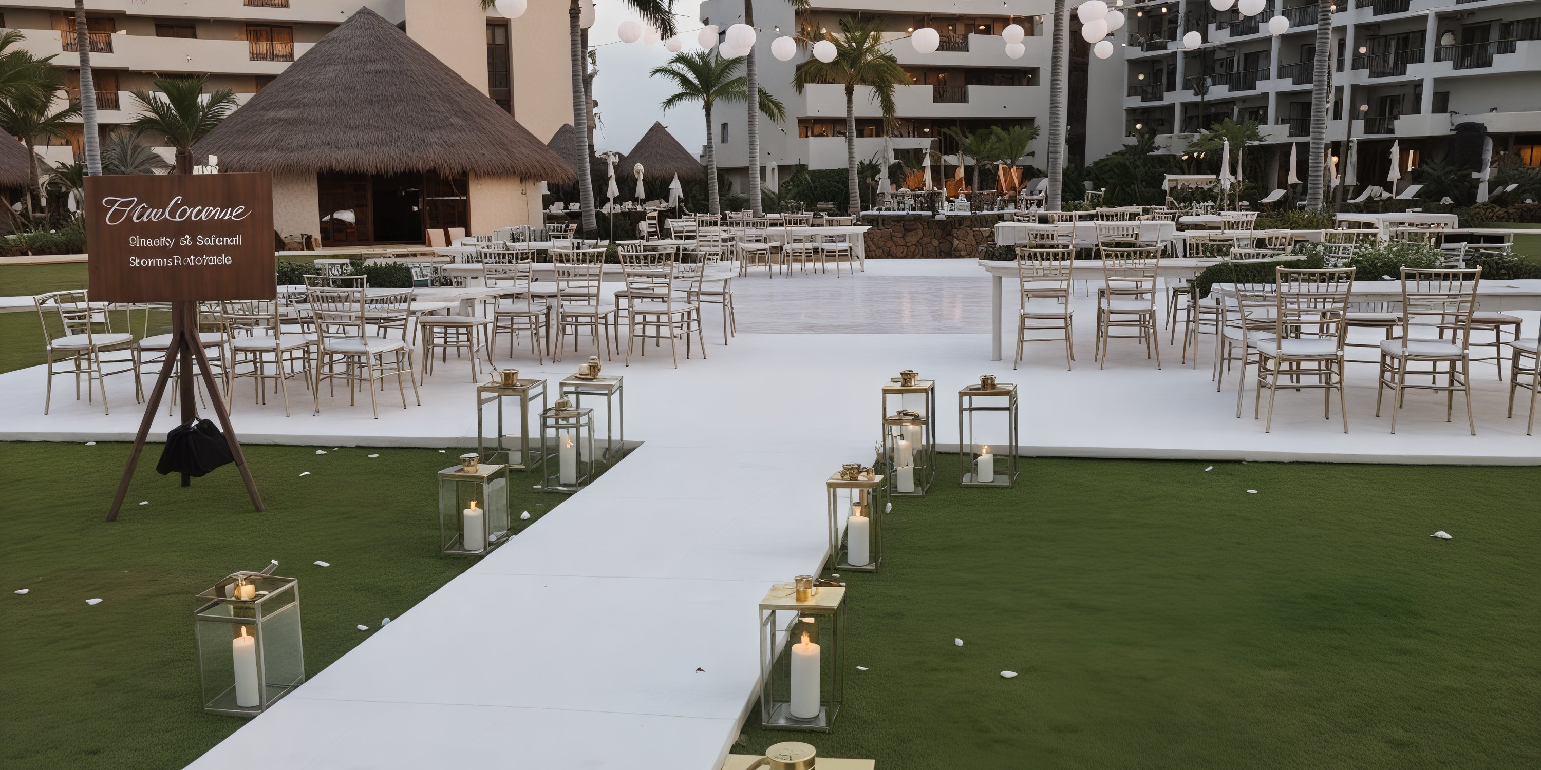 A beautiful destination wedding setup featuring chairs, tables, and lanterns elegantly arranged on the grassy landscape near resort buildings.
