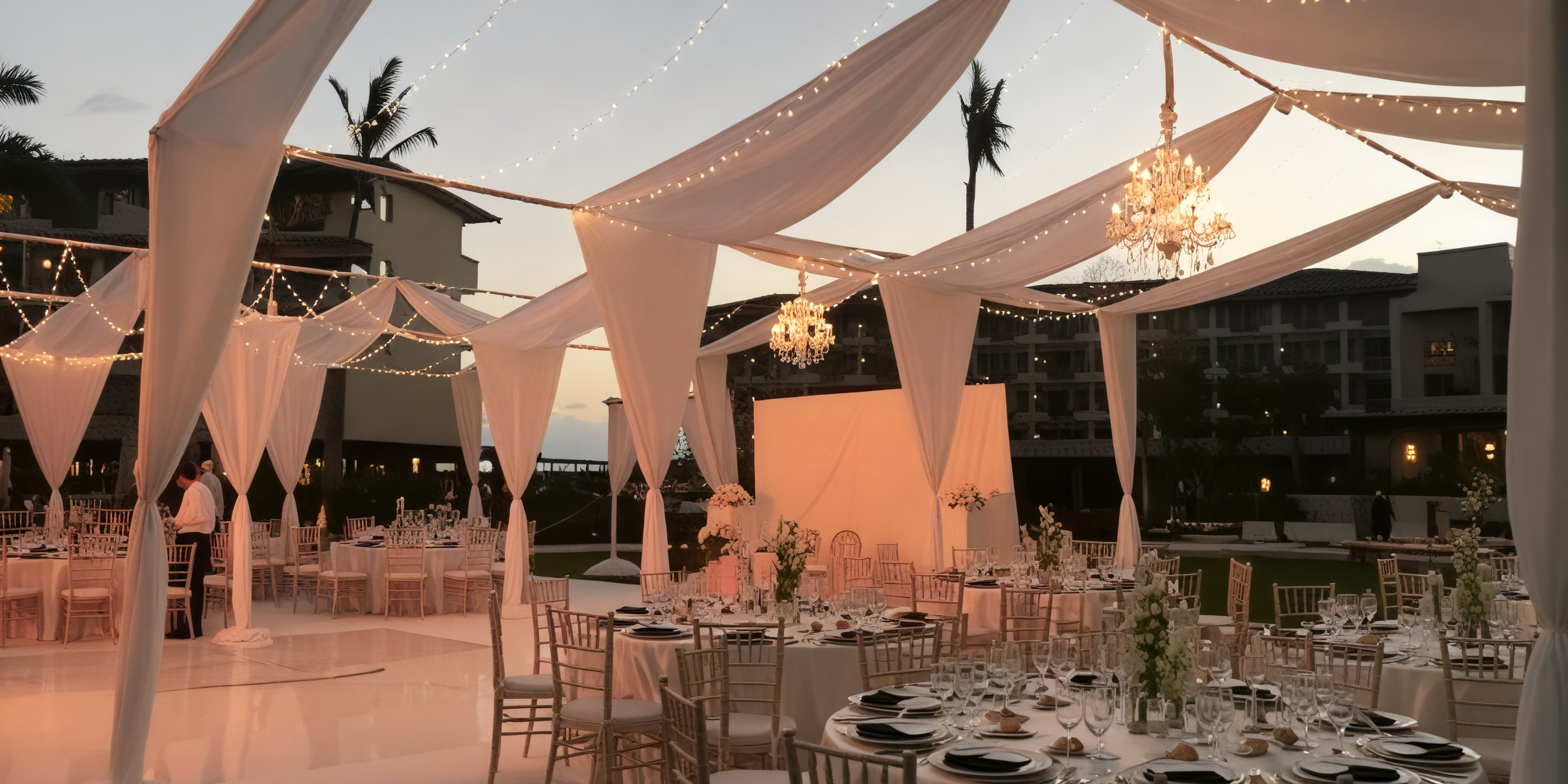 A sophisticated destination wedding reception unfolds outdoors at sunset, where draped fabric and chandeliers create an enchanting atmosphere.