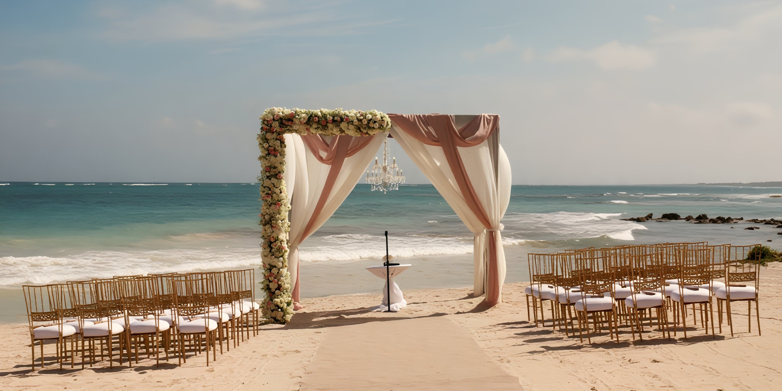 Dreams Tulum destination wedding: ocean view with an arch and chairs.