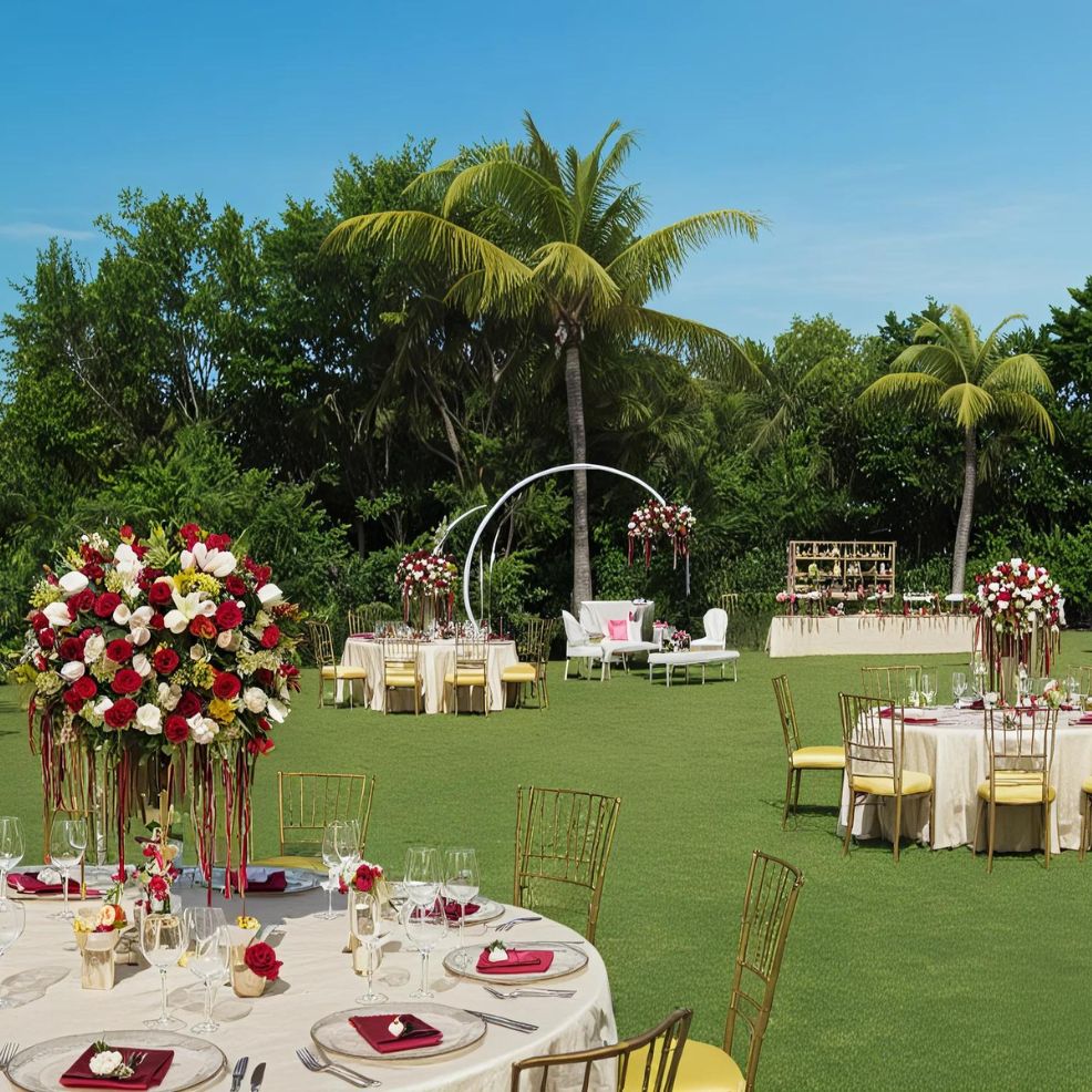 Outdoor wedding setup featuring round tables with floral centerpieces, gold chairs, a white arch, and a cozy seating arrangement under a palm tree backdrop.