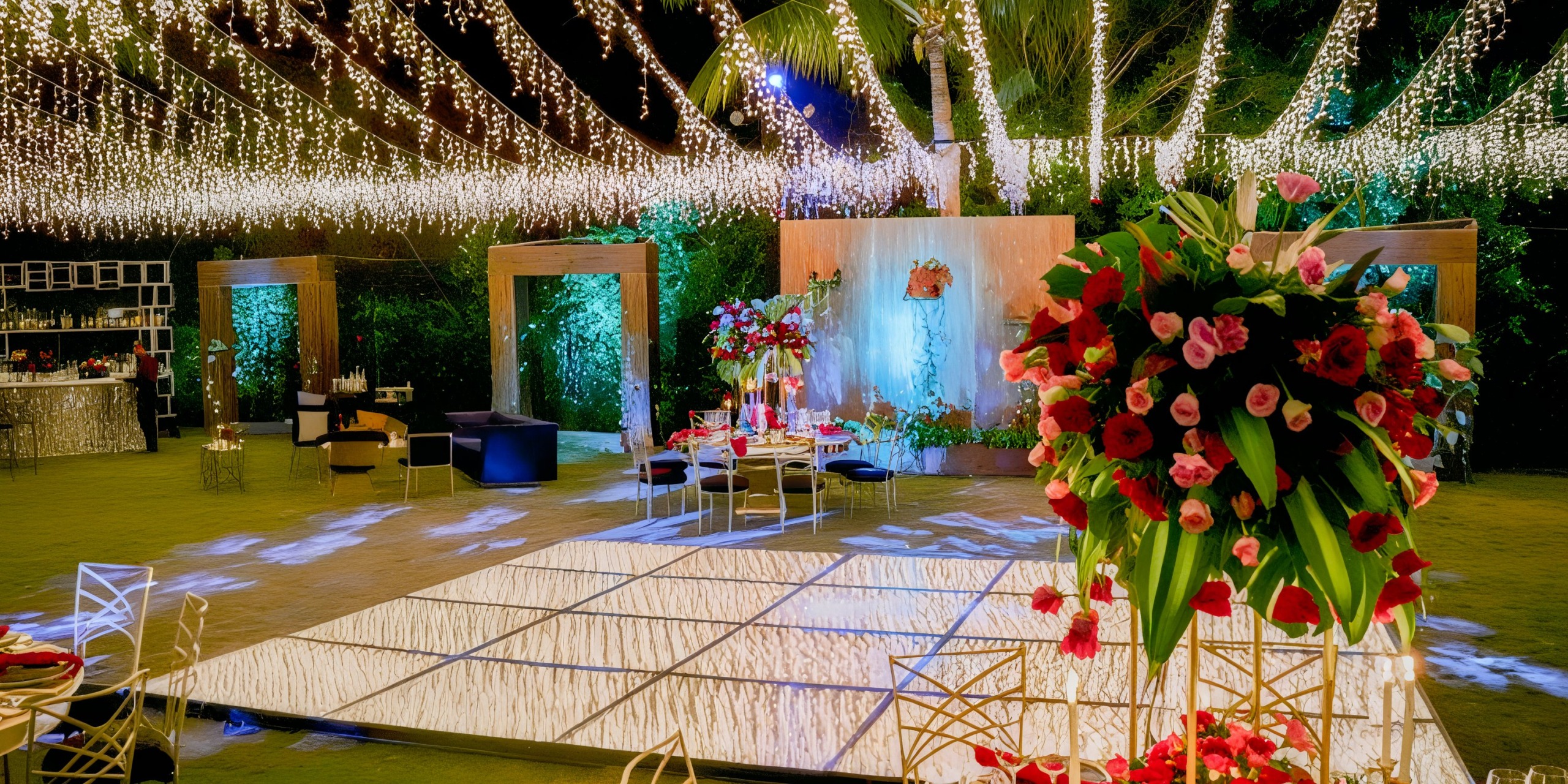 Dreams Tulum: Experience a stunning destination wedding featuring floral decor, enchanting lights, and seating arrangements surrounding a glass dance floor for unforgettable outdoor celebrations.