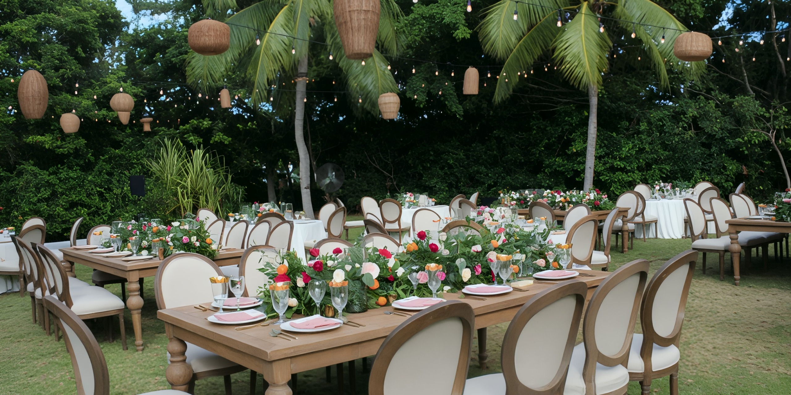 Dreams Tulum offers a picturesque destination wedding setting with outdoor tables adorned with flowers and string lights, all nestled under swaying palm trees.