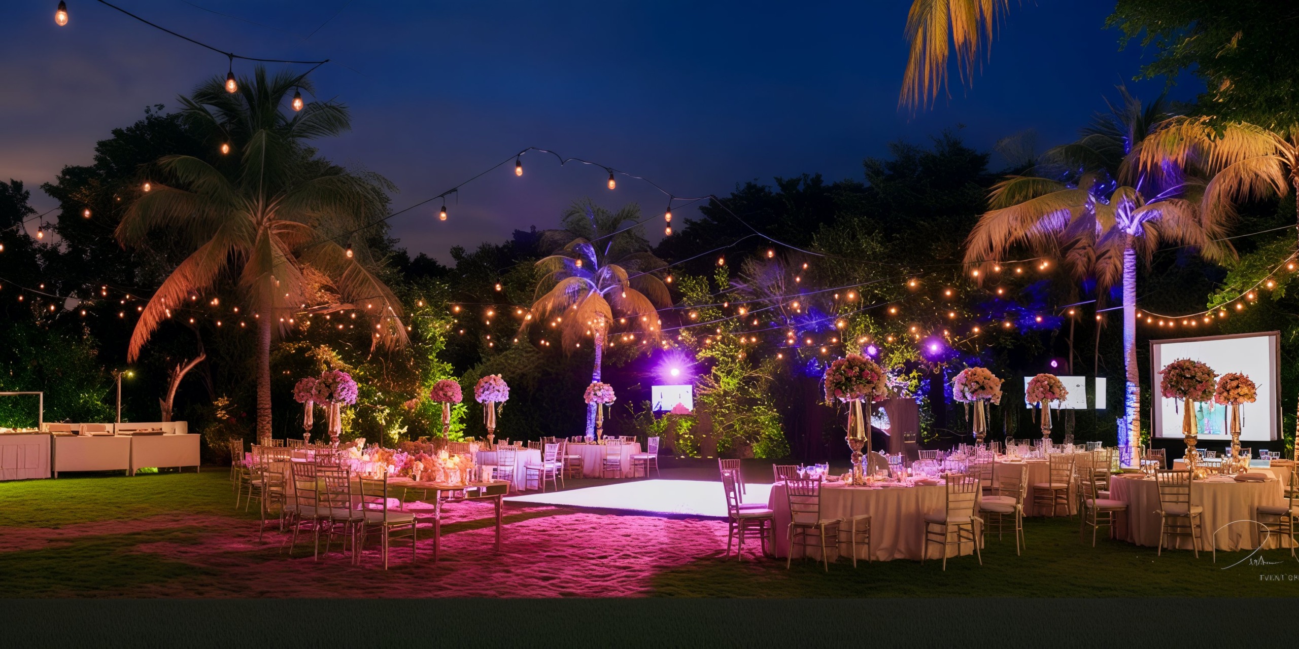Dreams Tulum: A destination wedding featuring an enchanting outdoor setting with tables, chairs, and string lights elegantly draped beneath palm trees at dusk.