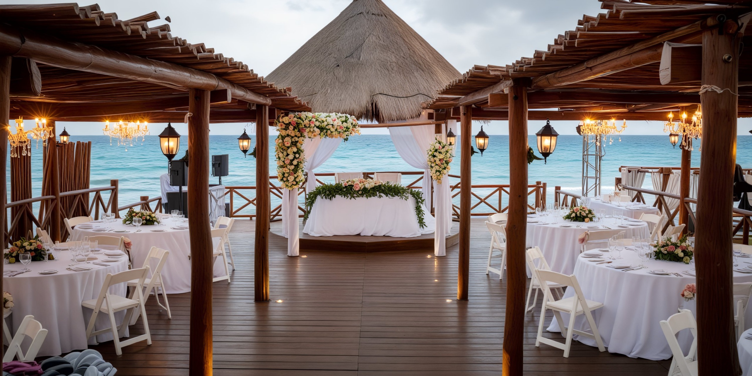 A destination wedding setup featuring floral decorations and dining tables elegantly arranged under a wooden canopy on the beach.