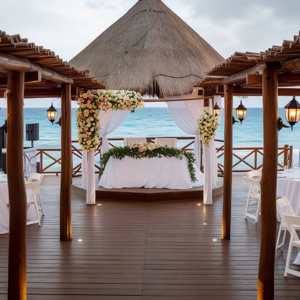 Wedding altar with floral decorations nestled beneath a thatched roof on the beachfront, perfect for a destination wedding.