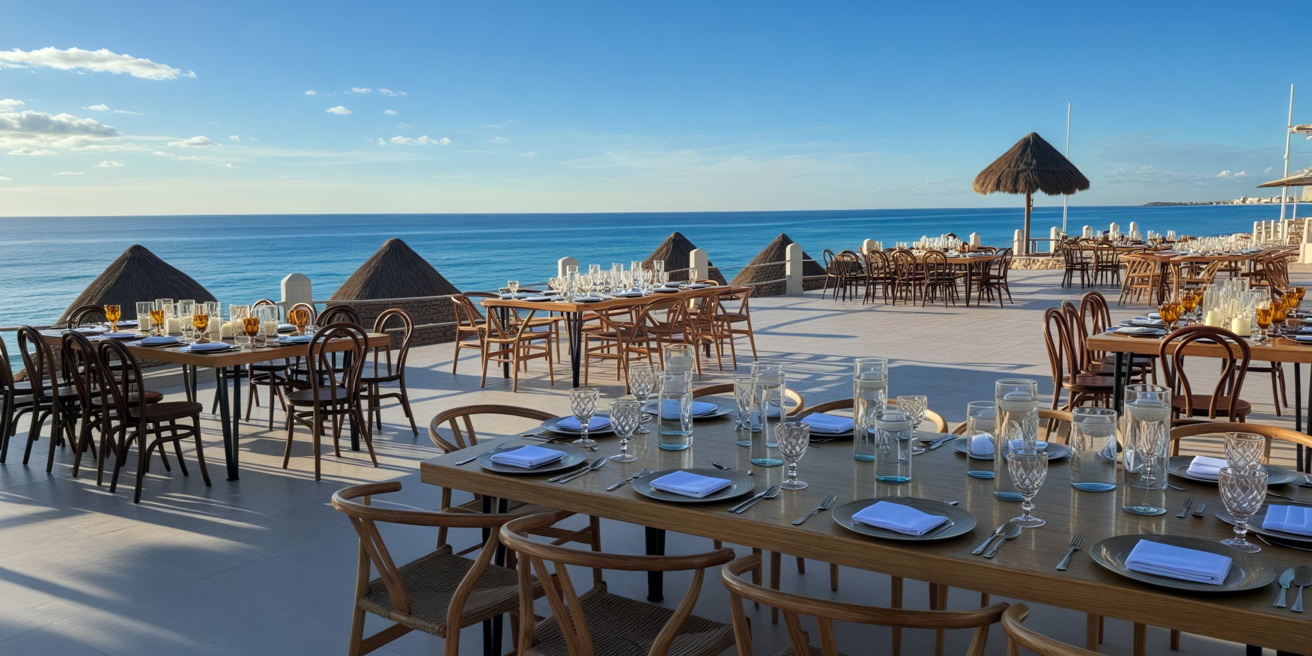 A picturesque outdoor restaurant, perfect for a destination wedding, features elegantly set tables overlooking the ocean and charming thatched umbrellas.