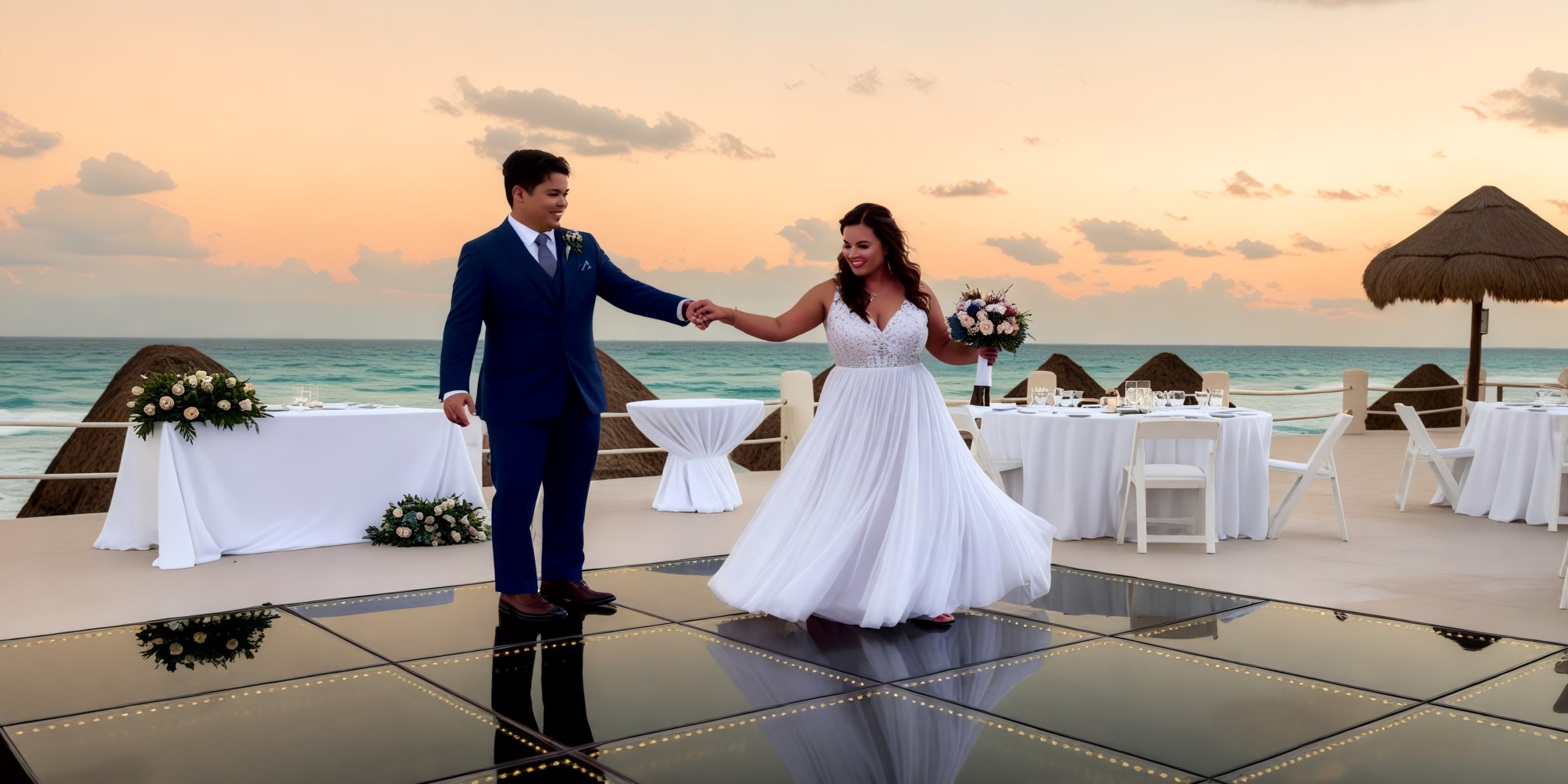 During their destination wedding, the bride and groom share a dance on a picturesque rooftop as the sun sets.