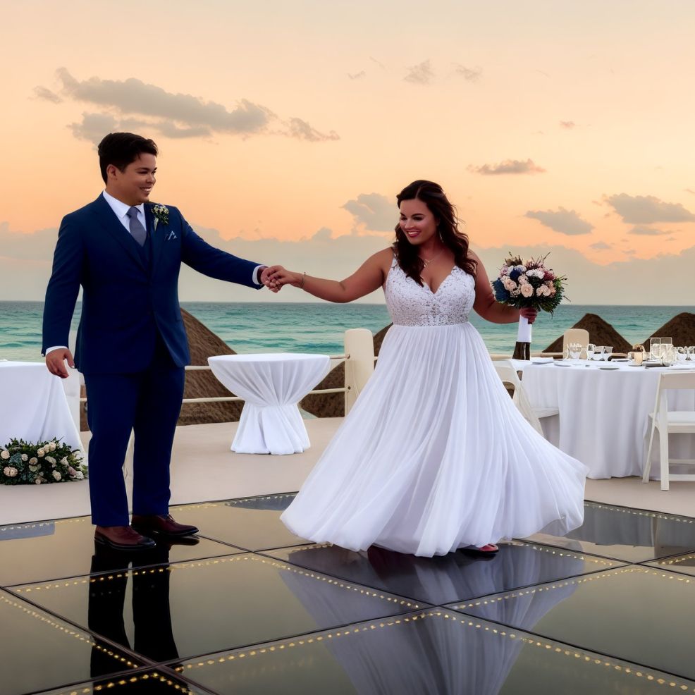 A couple gracefully dances on an outdoor floor at sunset during their destination wedding, with the ocean providing a stunning backdrop.