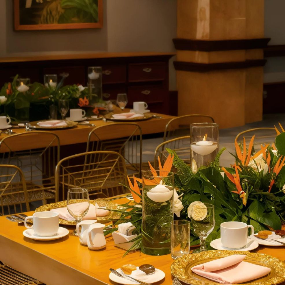 A finely set dining table with floral centerpieces, candles, and neatly arranged tableware in an elegant dining room.