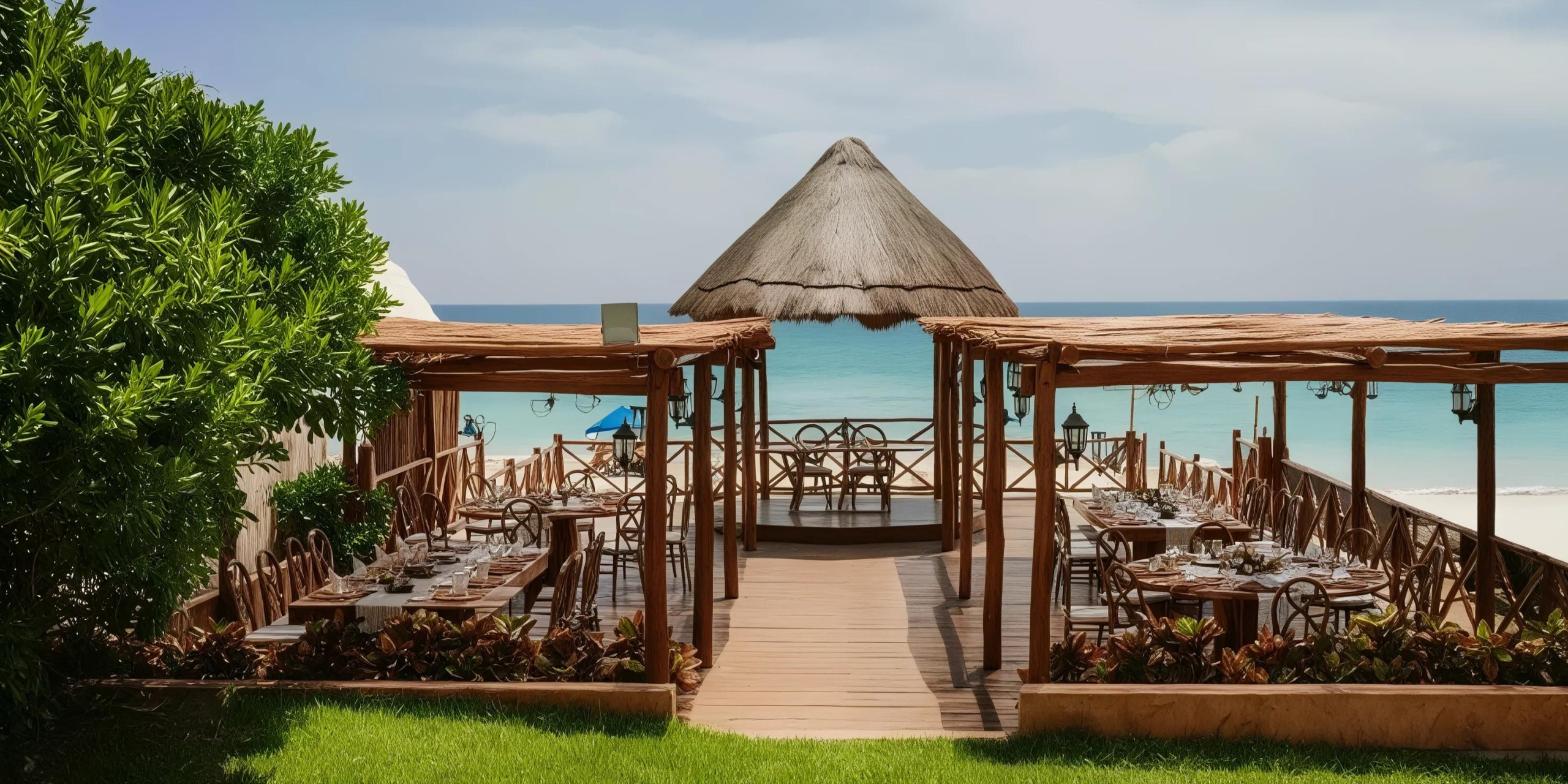 Outdoor restaurant with wooden tables and chairs under pergolas, facing the ocean with a thatched-roof structure in the background. Lush greenery surrounds the dining area.