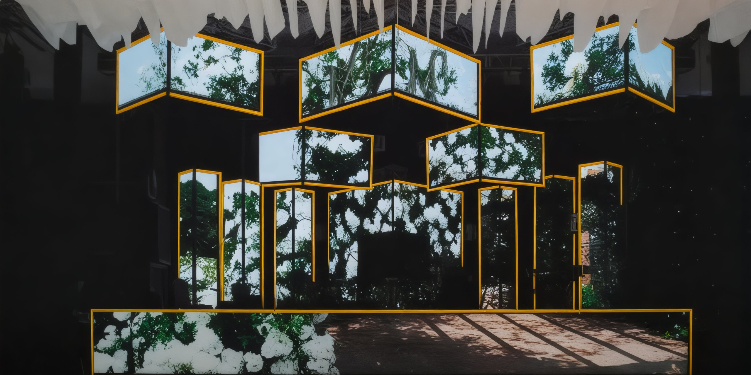 A collection of digital screens displaying nature images, each framed in yellow, set against a dark background; this would create a stunning backdrop for a destination wedding.