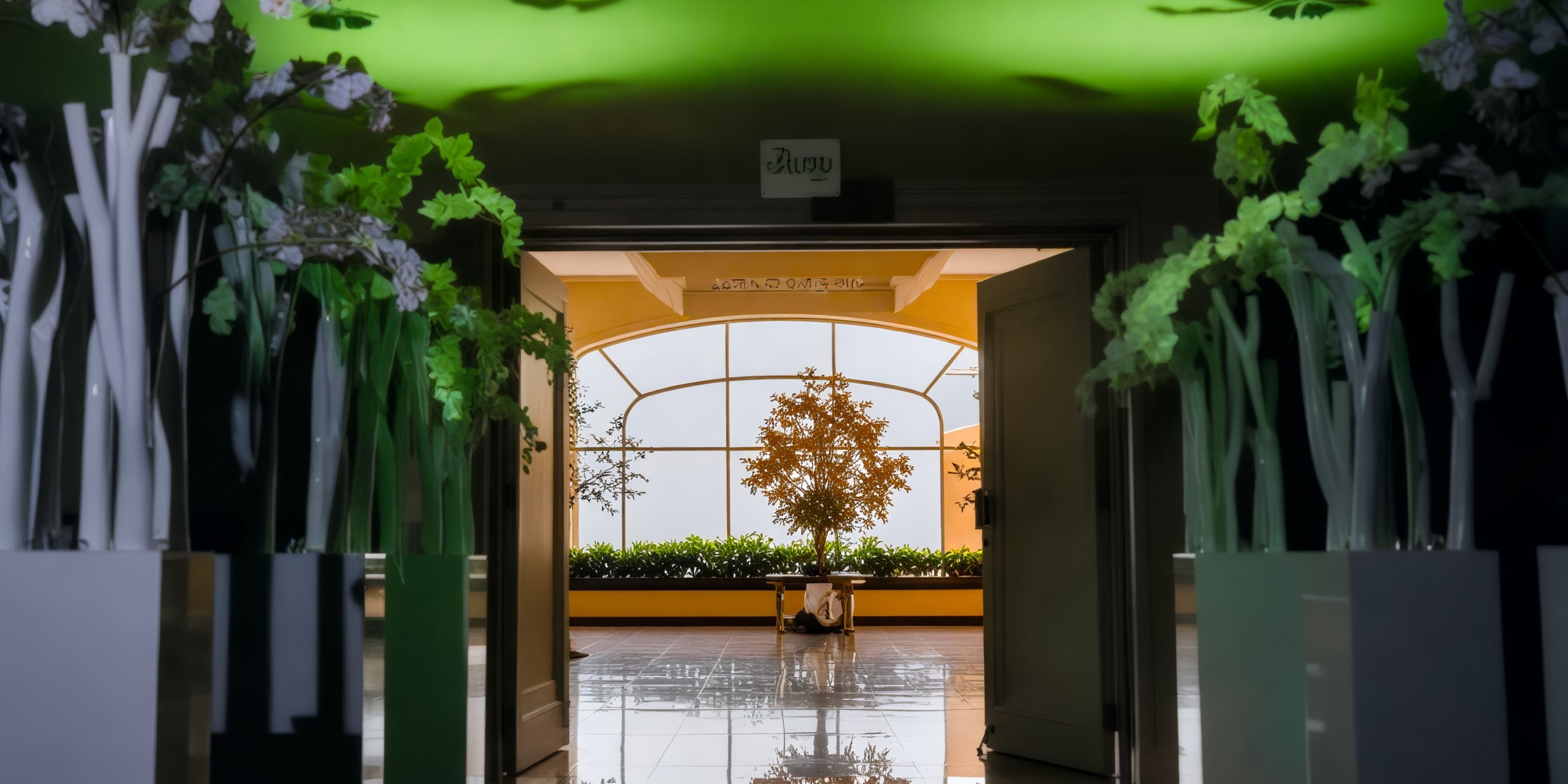 A long corridor adorned with lush green plants leads to a sunlit tree in a bright room, setting the perfect scene for a destination wedding.