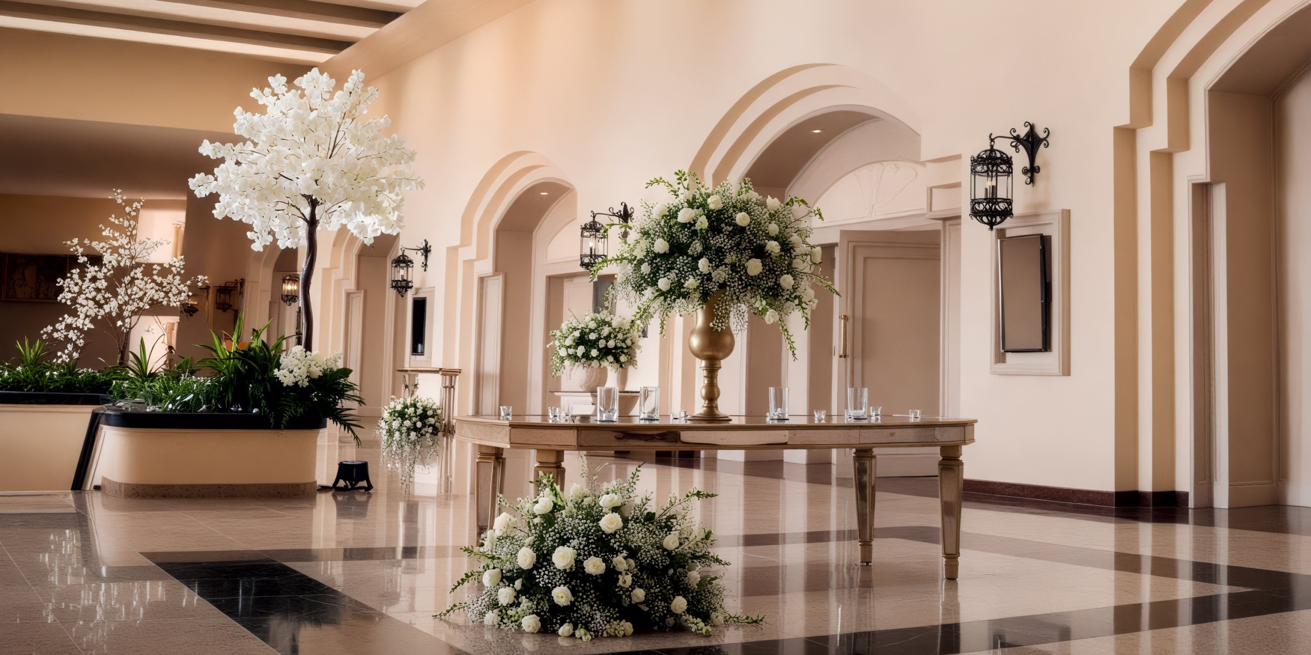 A sophisticated wedding hall adorned with floral centerpieces and decorative arches.