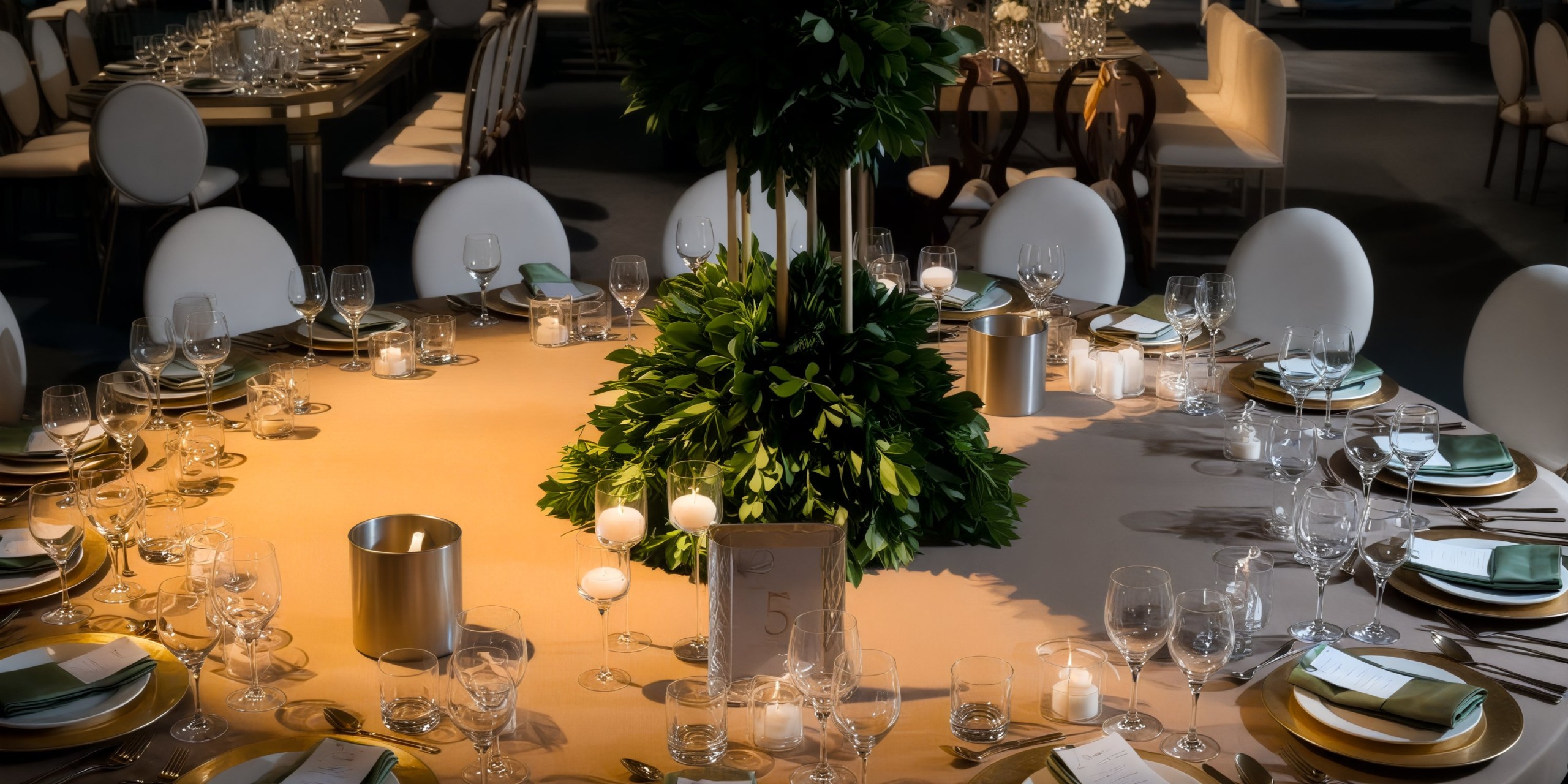 An elegantly set round table adorned with a lush greenery centerpiece and exquisite tableware, perfect for a sophisticated destination wedding event.