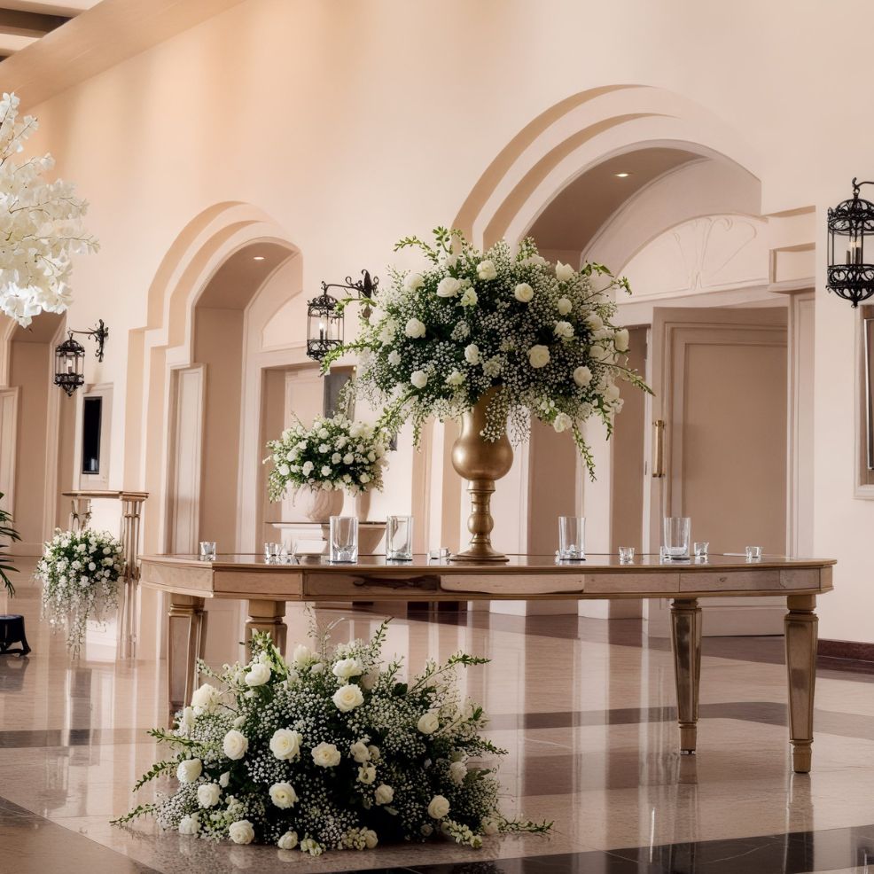 A sophisticated venue perfect for a destination wedding, featuring an elegant room adorned with a table, large floral arrangements, and charming arched doorways.