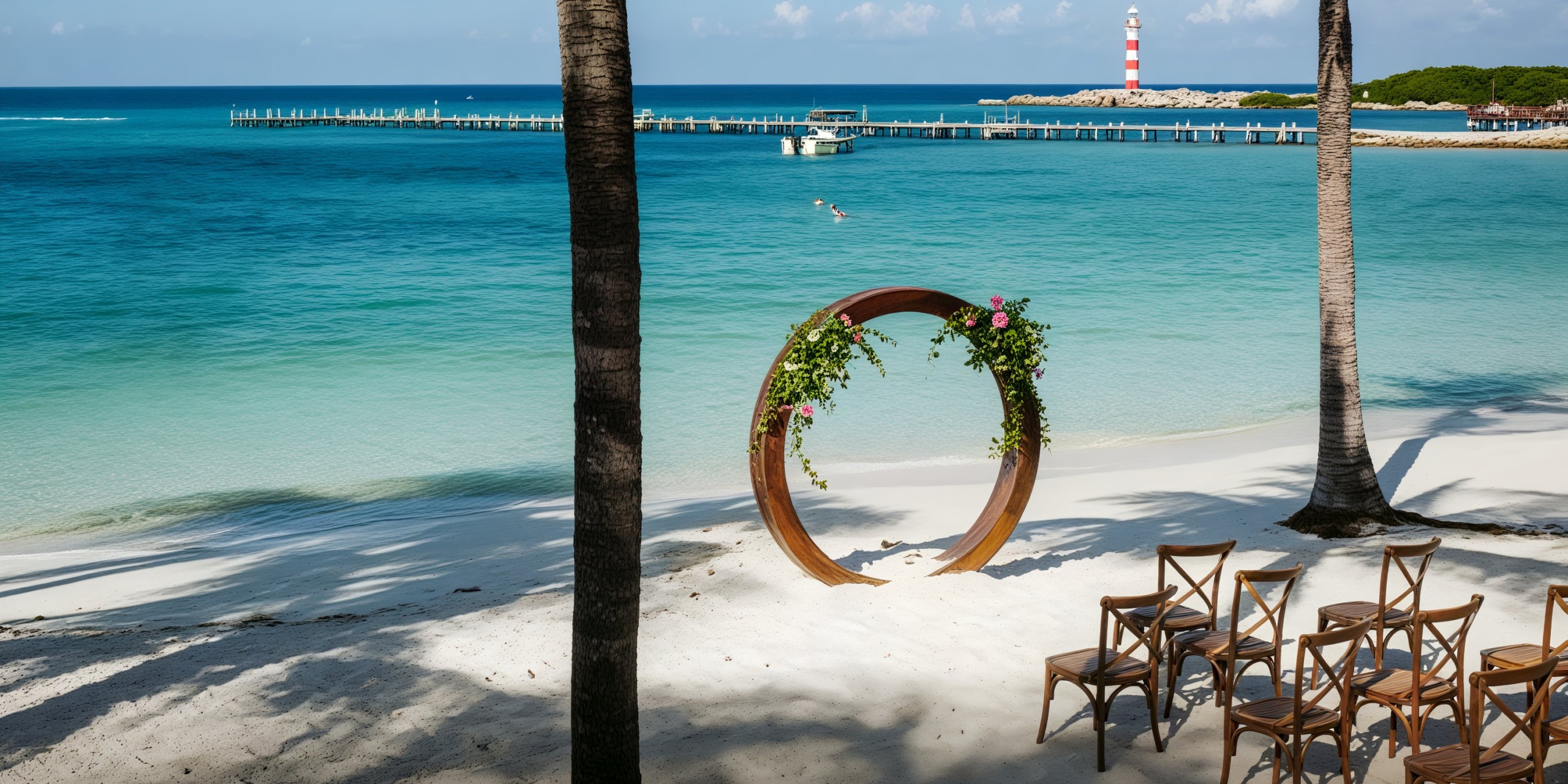 A picturesque destination wedding arrangement featuring a circular arch and seating, with a lighthouse providing a stunning backdrop.