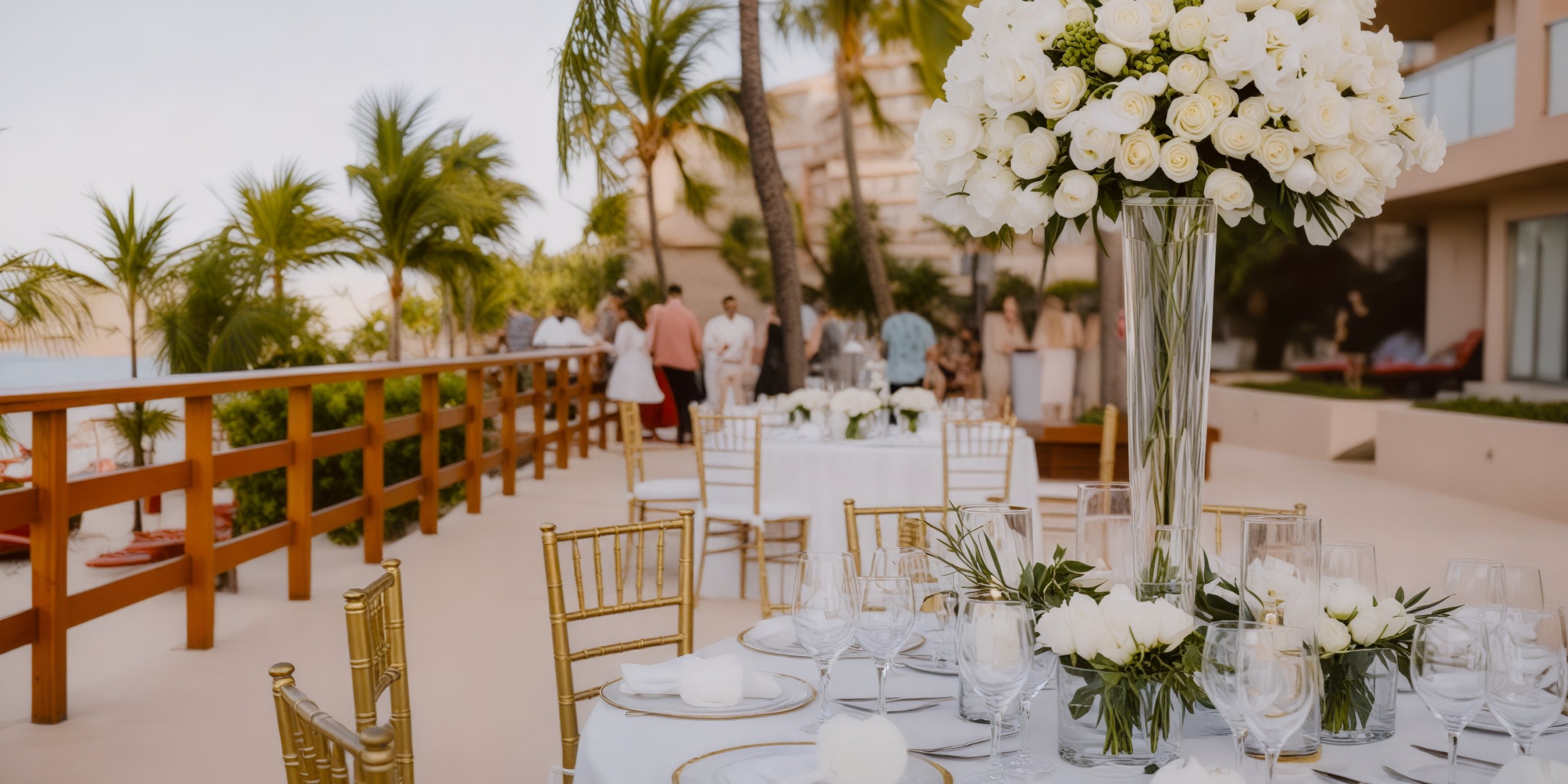 Destination wedding arrangement featuring elegant white floral centerpieces and luxurious golden chairs.