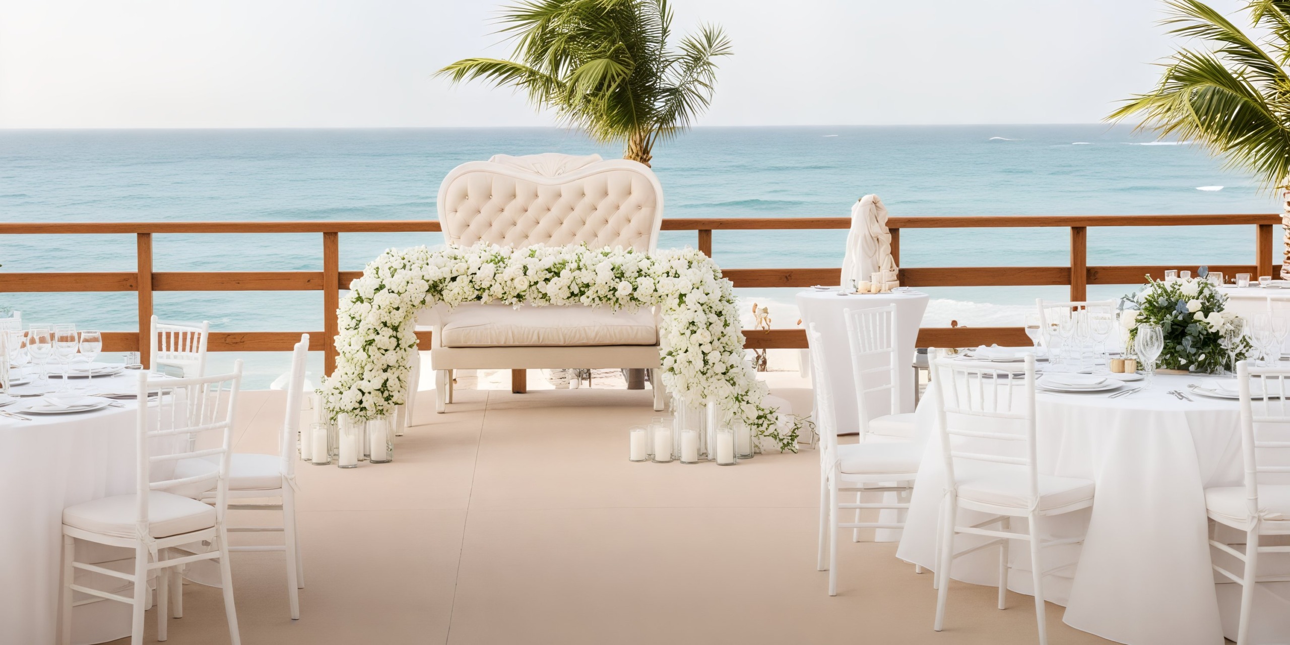 A destination wedding by the beach with beautifully arranged chairs, elegantly set tables, vibrant flowers, and a charming decorative bench.